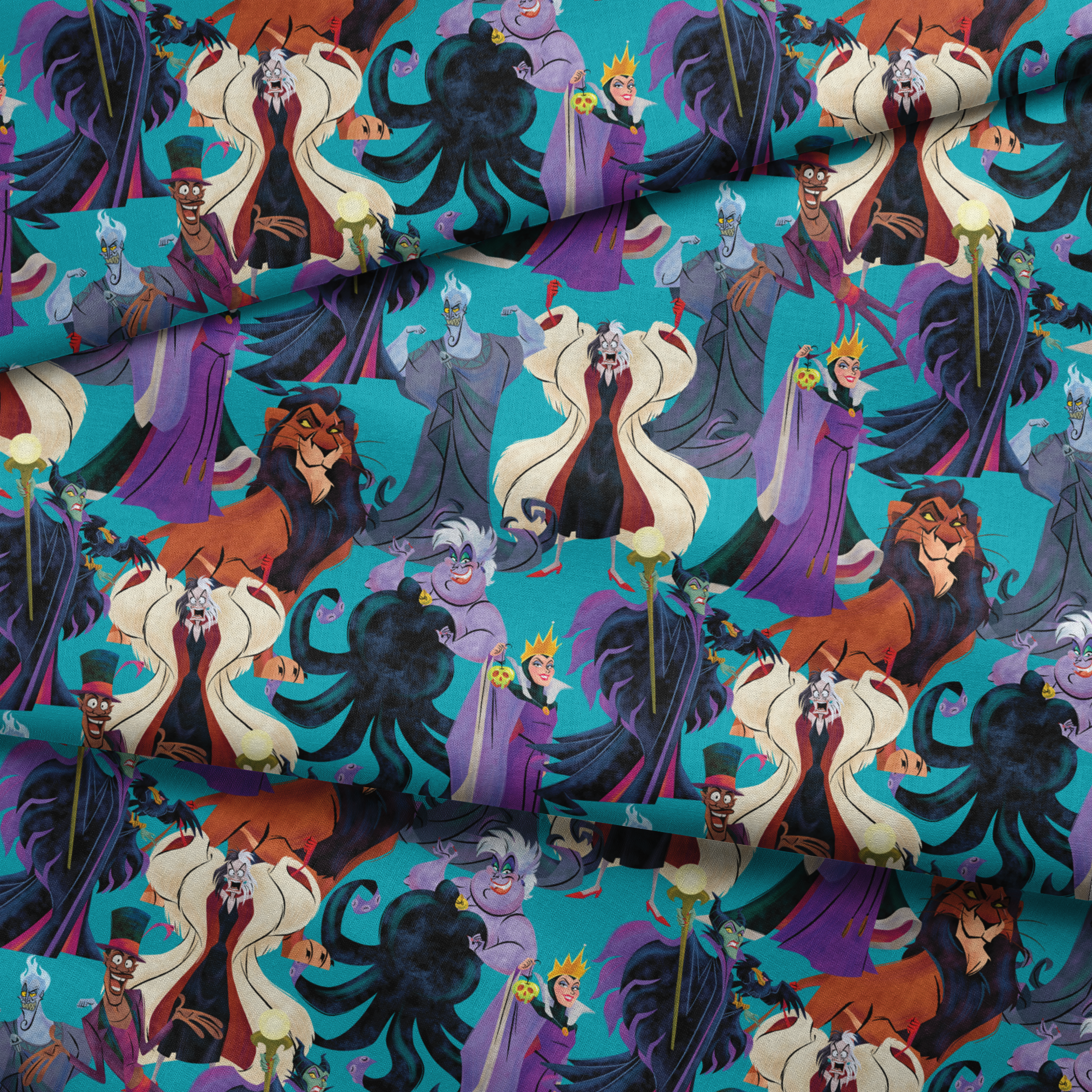 Disney Villains like Ursula, Maleficent, and Hades on a turquoise background in a colorful character pattern. fabric fold mockup