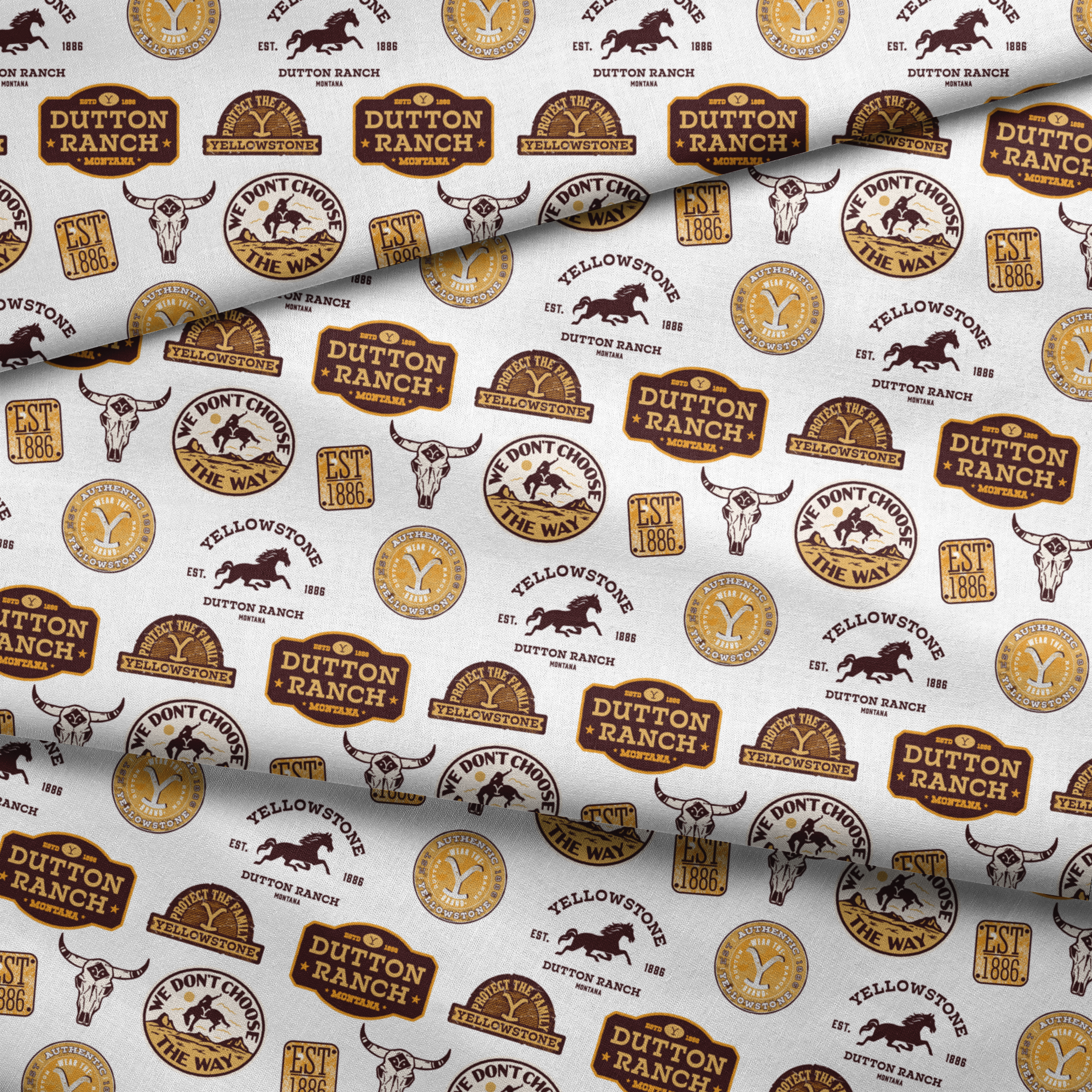 Western patch-style design featuring Dutton Ranch and Yellowstone badges in rustic tones. Great for quilting, crafts, and cowboy-inspired decor. fabric fold mockup