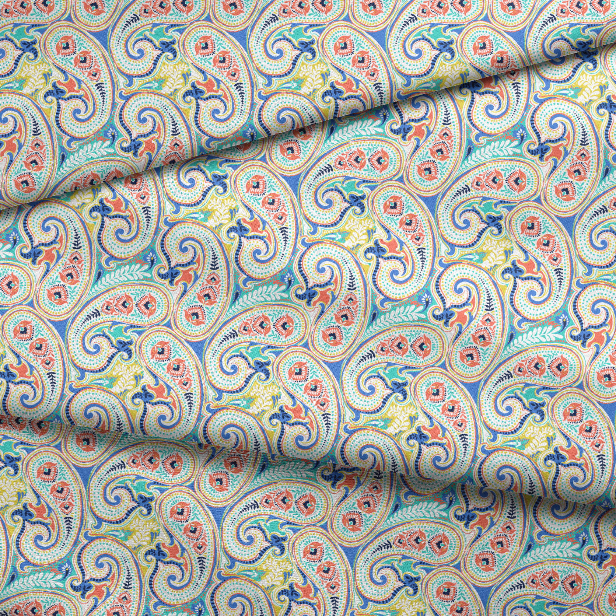 Vibrant blue, yellow and red paisley pattern with swirling decorative motifs and curved shapes fabric fold mockup