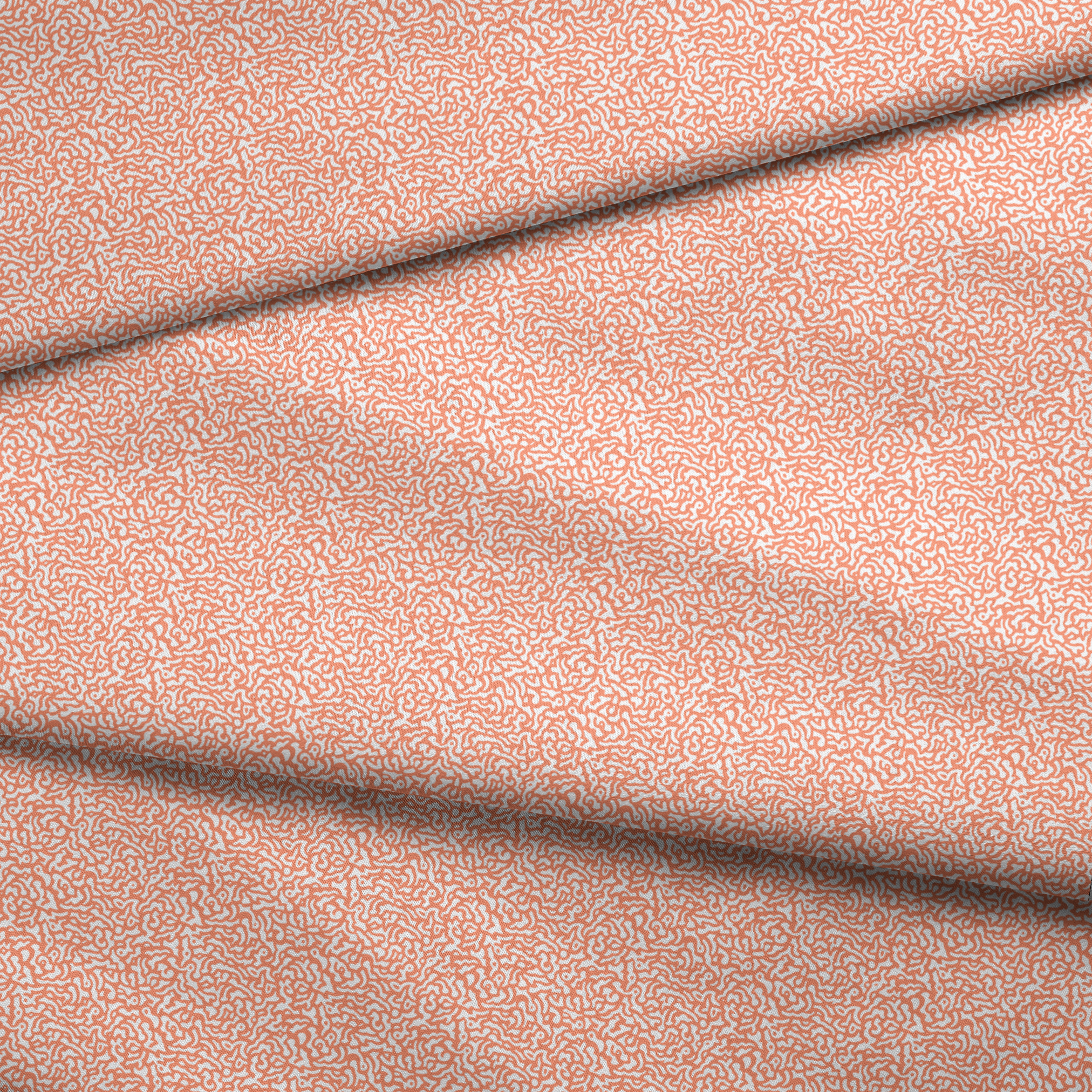 Coral squiggly pattern with organic, maze-like curves on white background fabric fold mockup