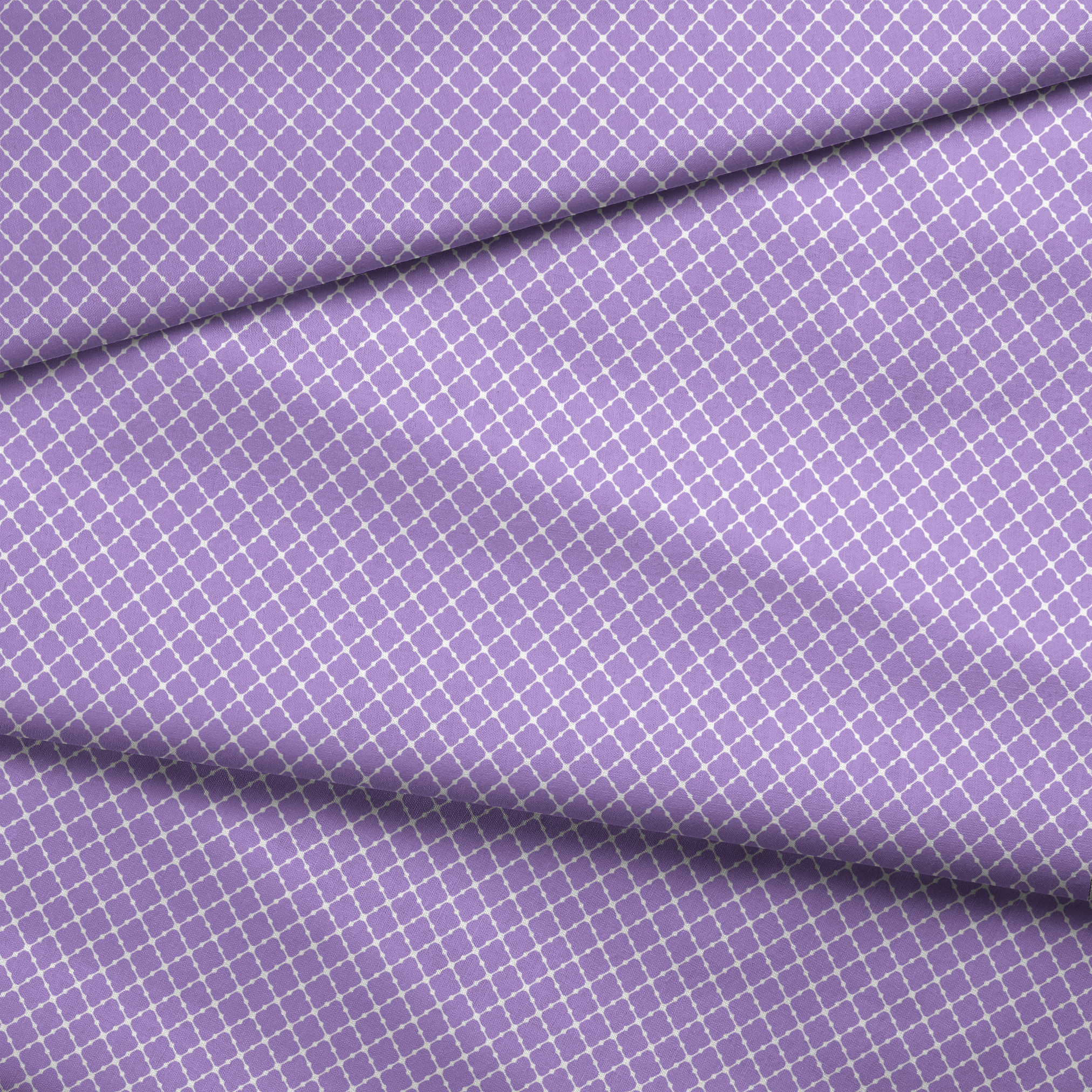 Purple quatrefoil pattern with white lattice grid on lavender background fabric fold mockup