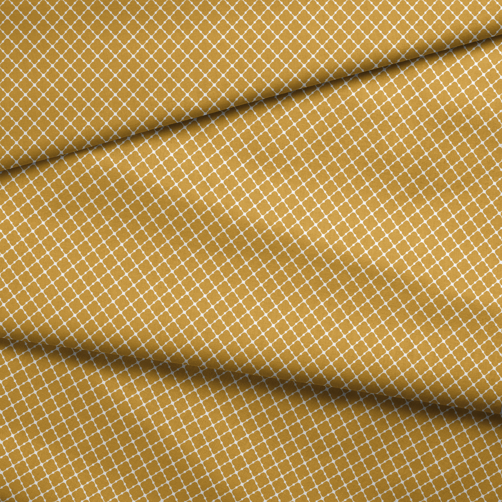 Gold quatrefoil pattern on white background, forming a geometric Moroccan-style lattice design fabric fold mockup