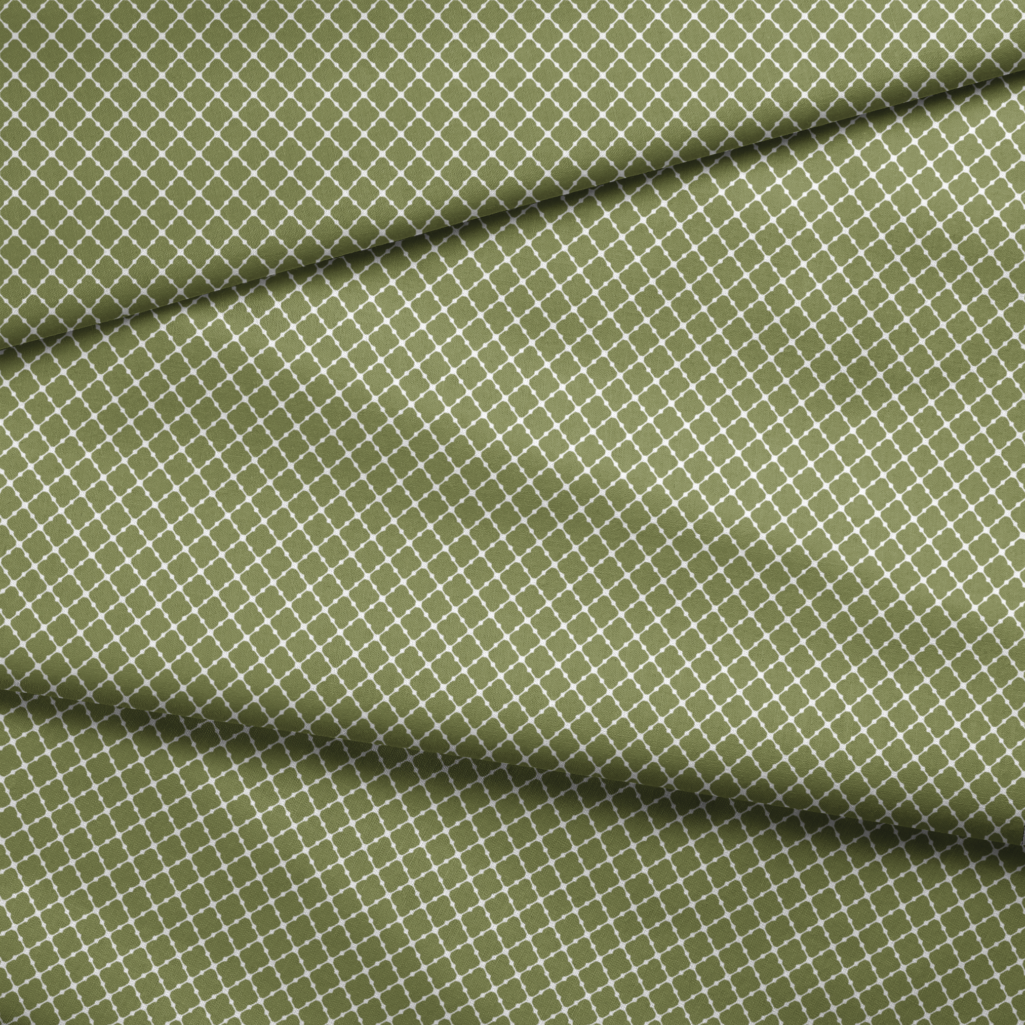 Sage green quatrefoil pattern with white lattice lines forming a Moroccan-style geometric design fabric fold mockup