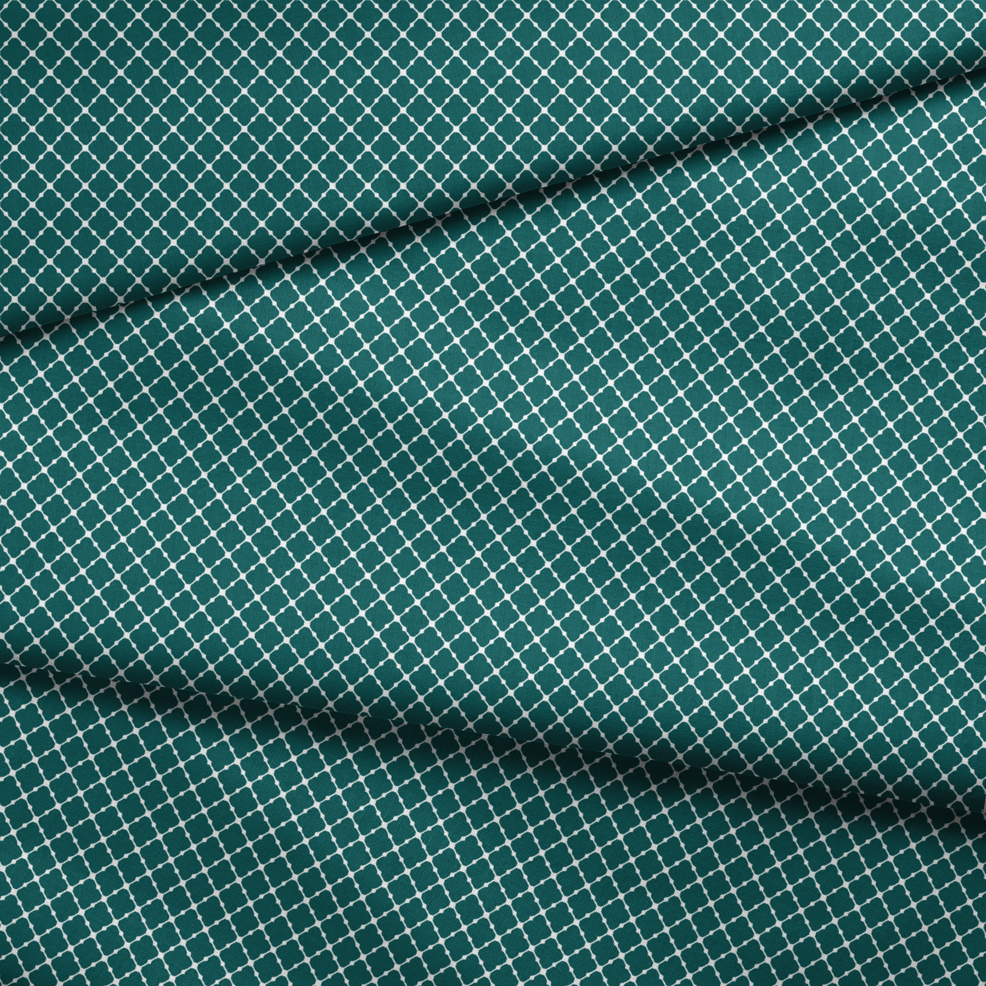 Dark teal quatrefoil pattern with white lattice outlines on a geometric background fabric fold mockup