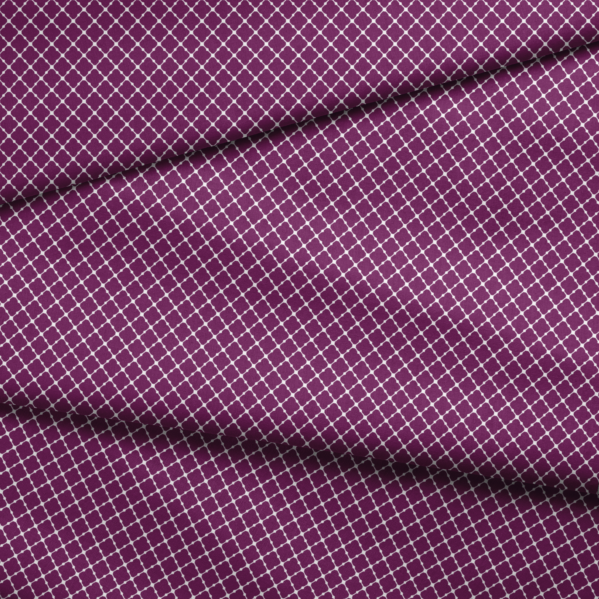 Plum quatrefoil pattern with white lattice outline on deep plum background fabric fold mockup