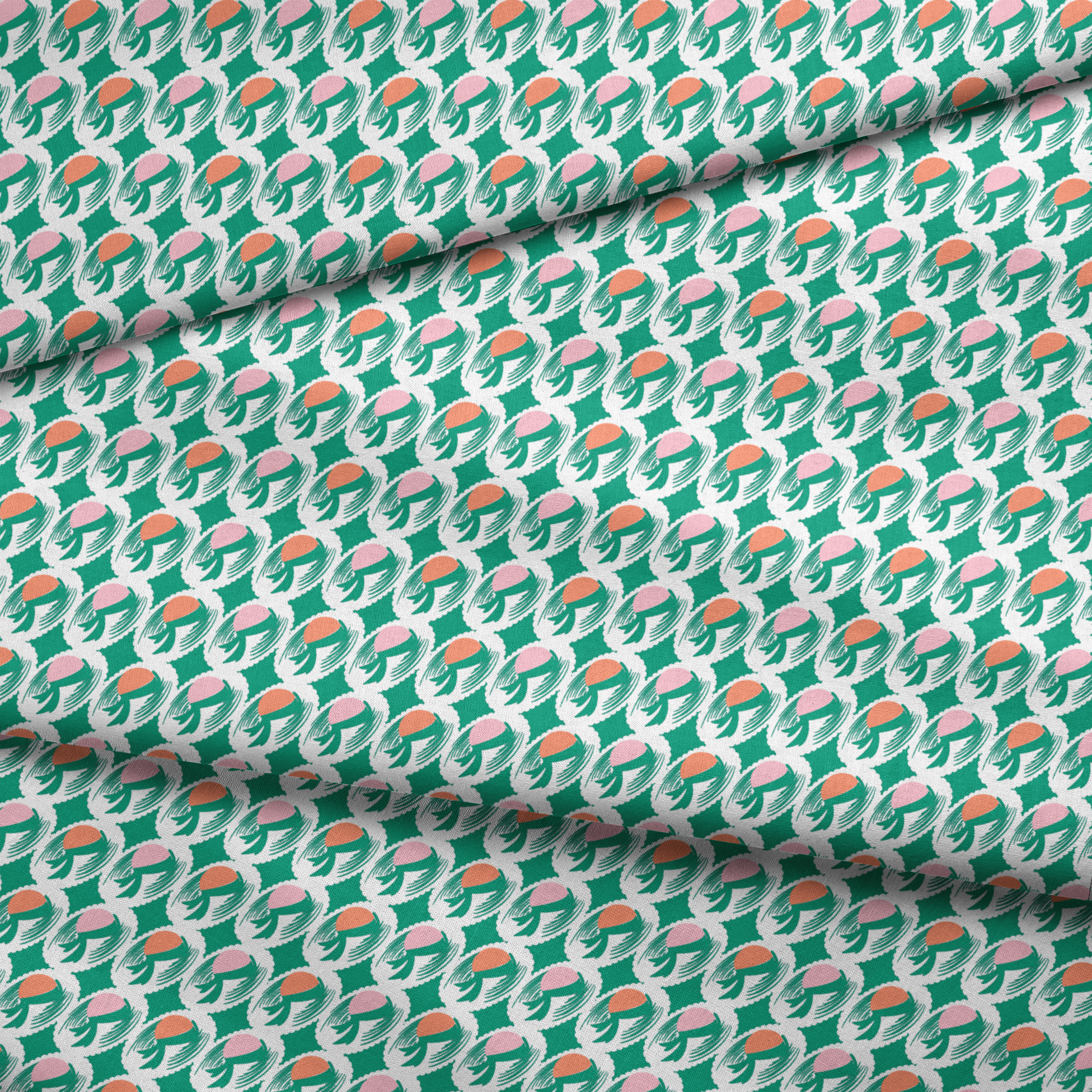 Abstract pattern with pink and orange oval shapes on green brushstroke backgrounds fabric fold mockup