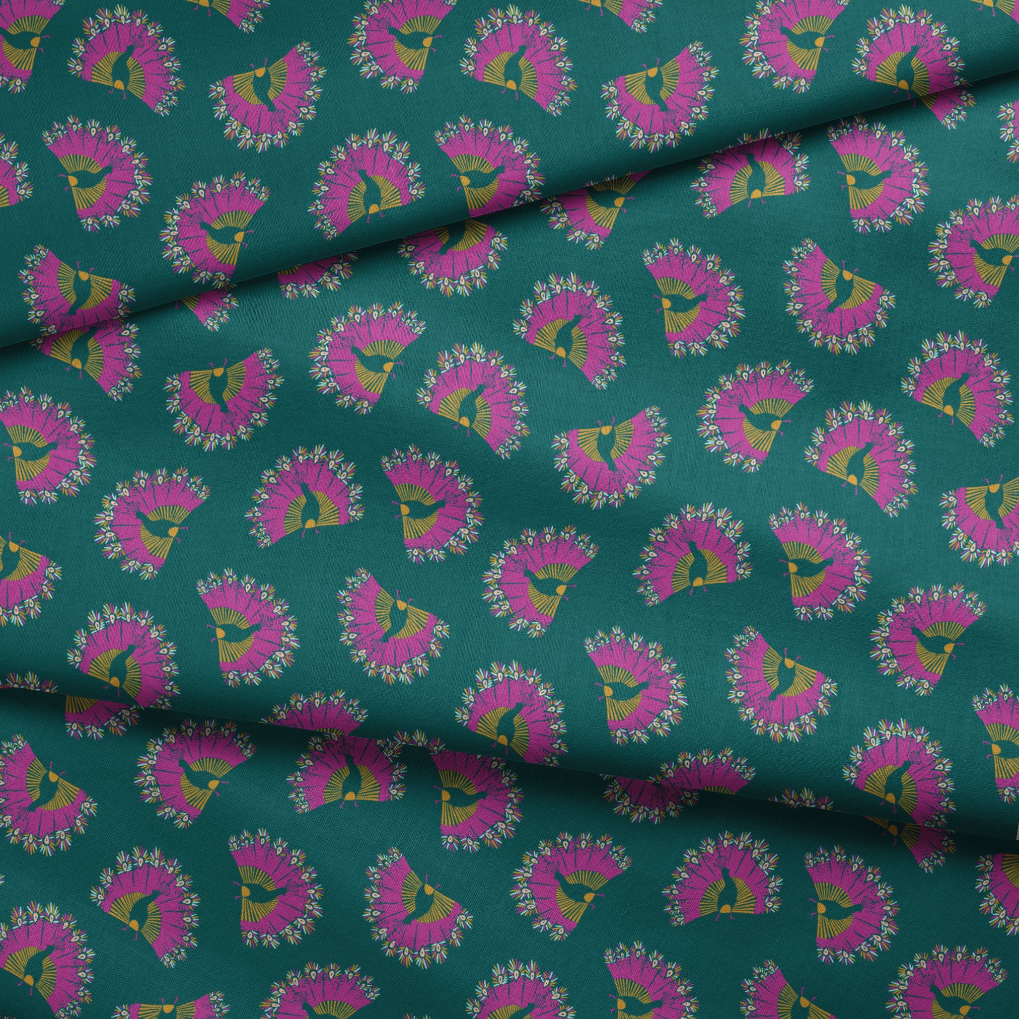 Vibrant pattern of pink circular bursts with yellow-green bird silhouettes on teal background fabric fold mockup