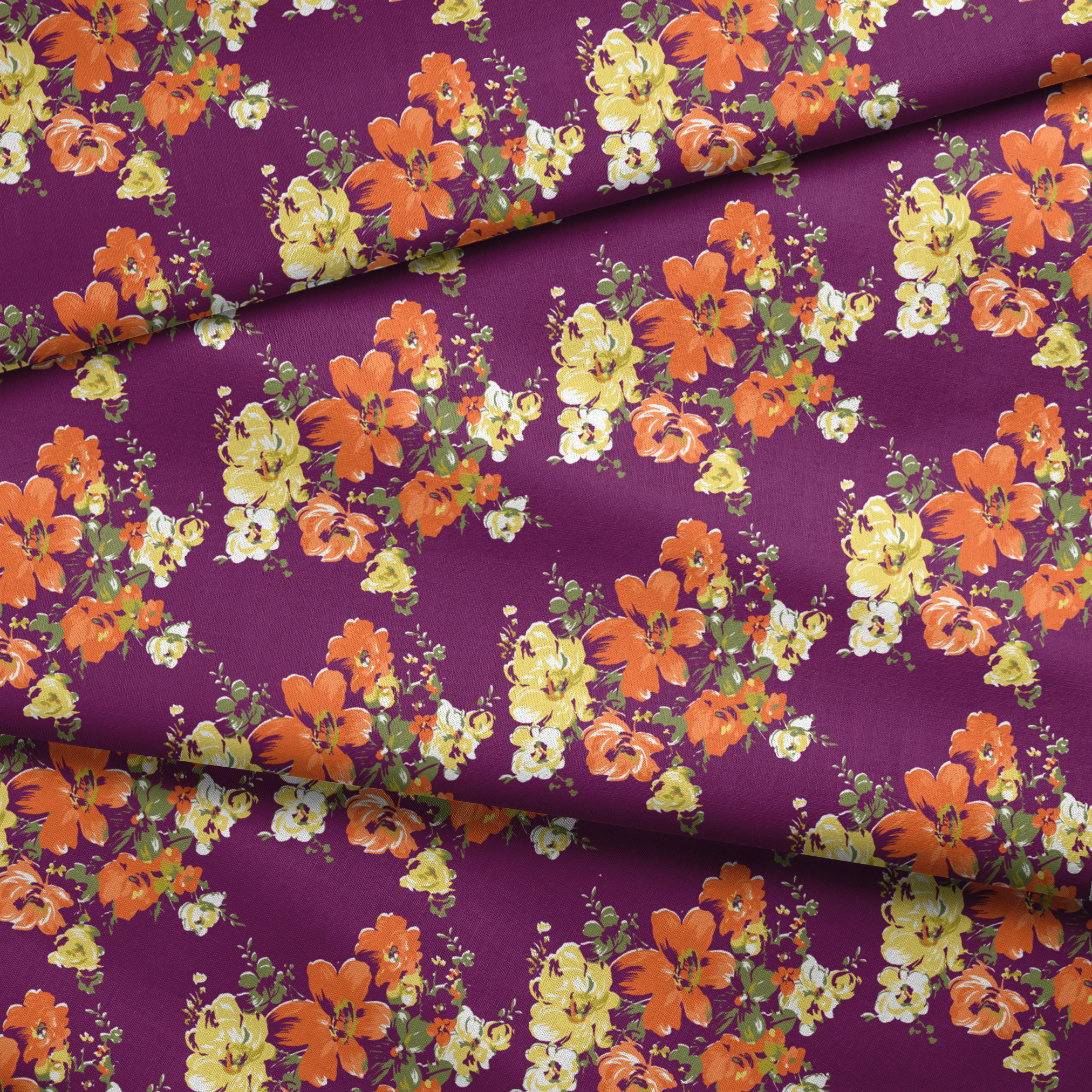 Vibrant floral pattern with orange and yellow blooms against a deep purple background fabric fold mockup