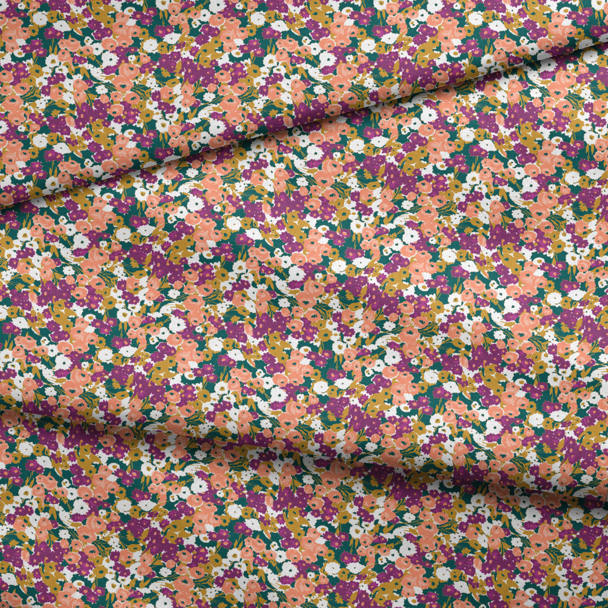 Vibrant floral pattern with peach, purple, white, and gold blooms against dark green foliage fabric fold mockup