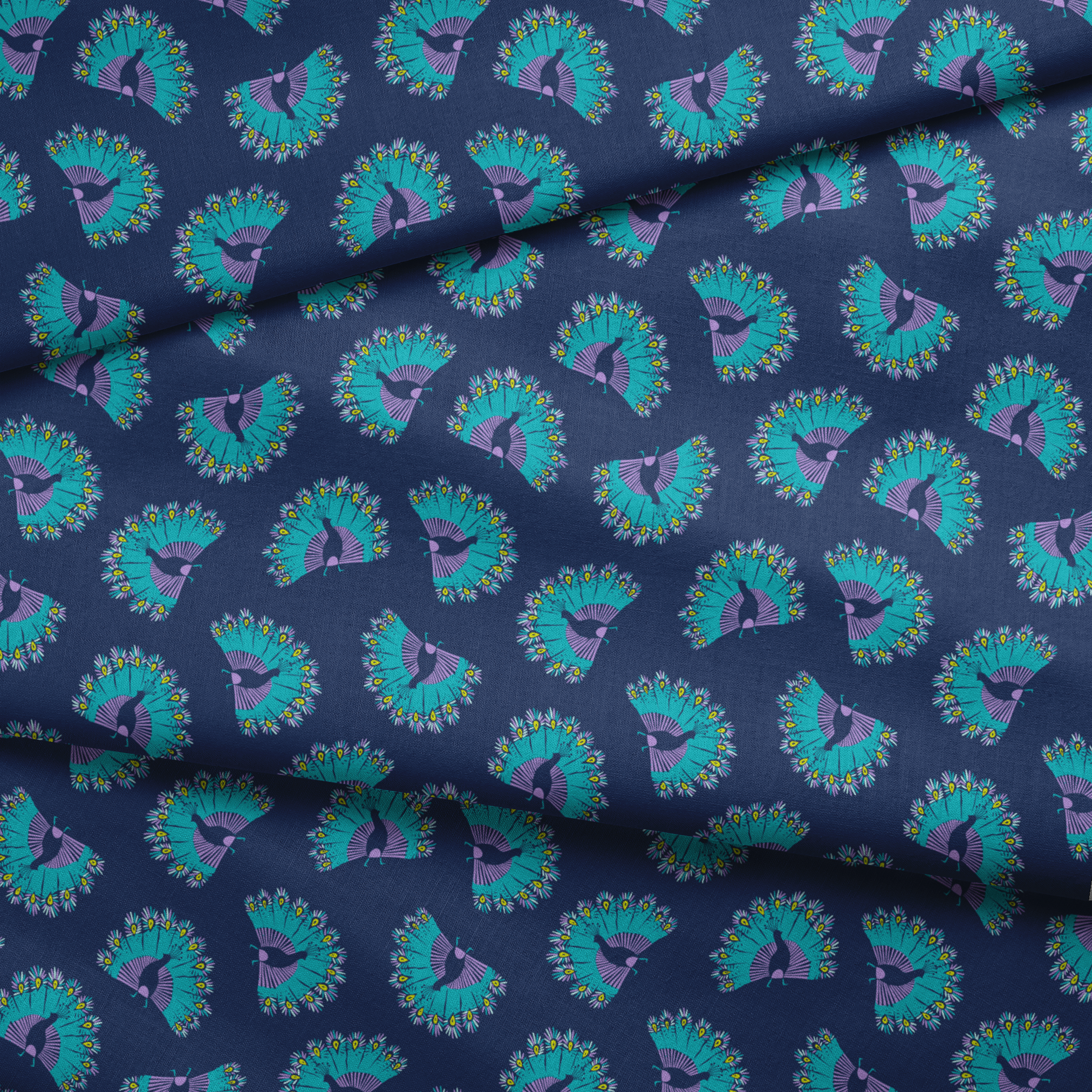 Vibrant peacock-inspired pattern with teal and purple fan shapes on blue background fabric fold mockup