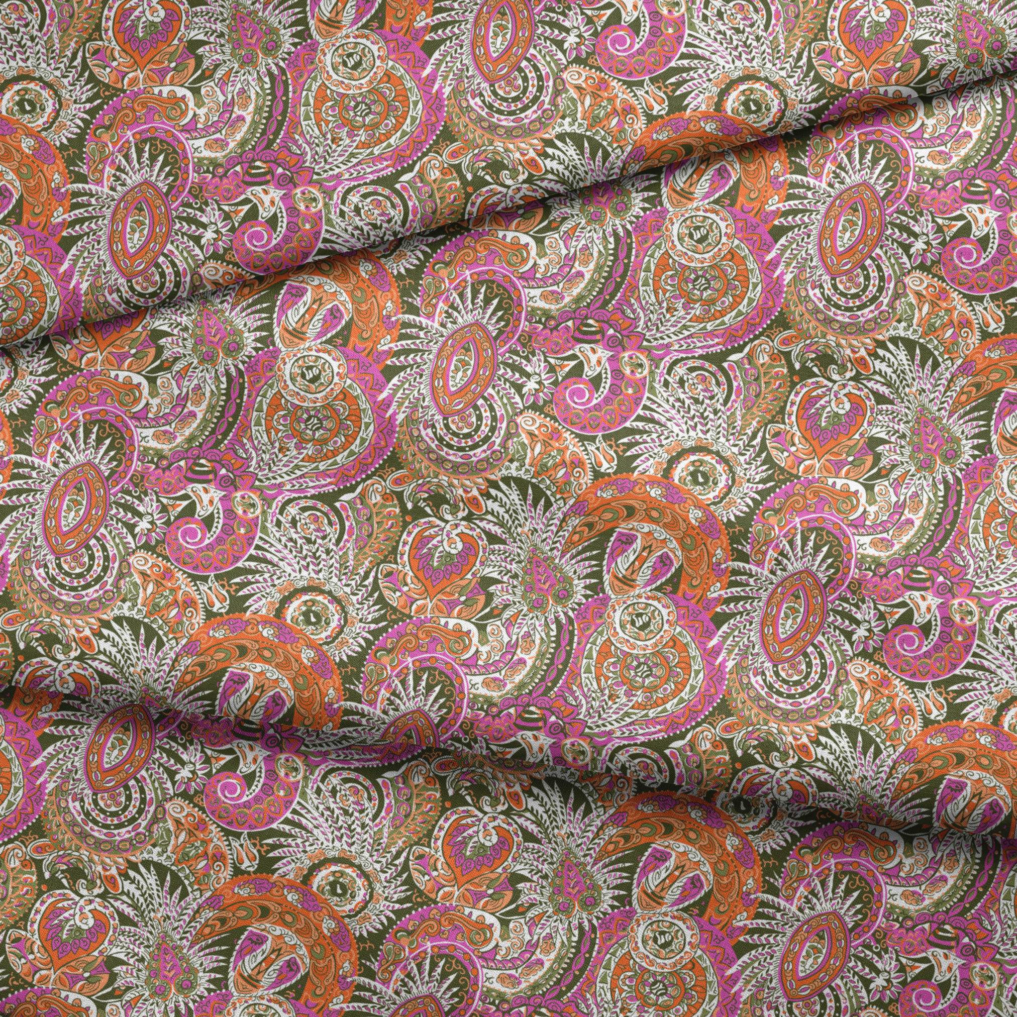 Vibrant paisley pattern with swirling designs in pink, orange, yellow and white on textured background fabric fold mockup