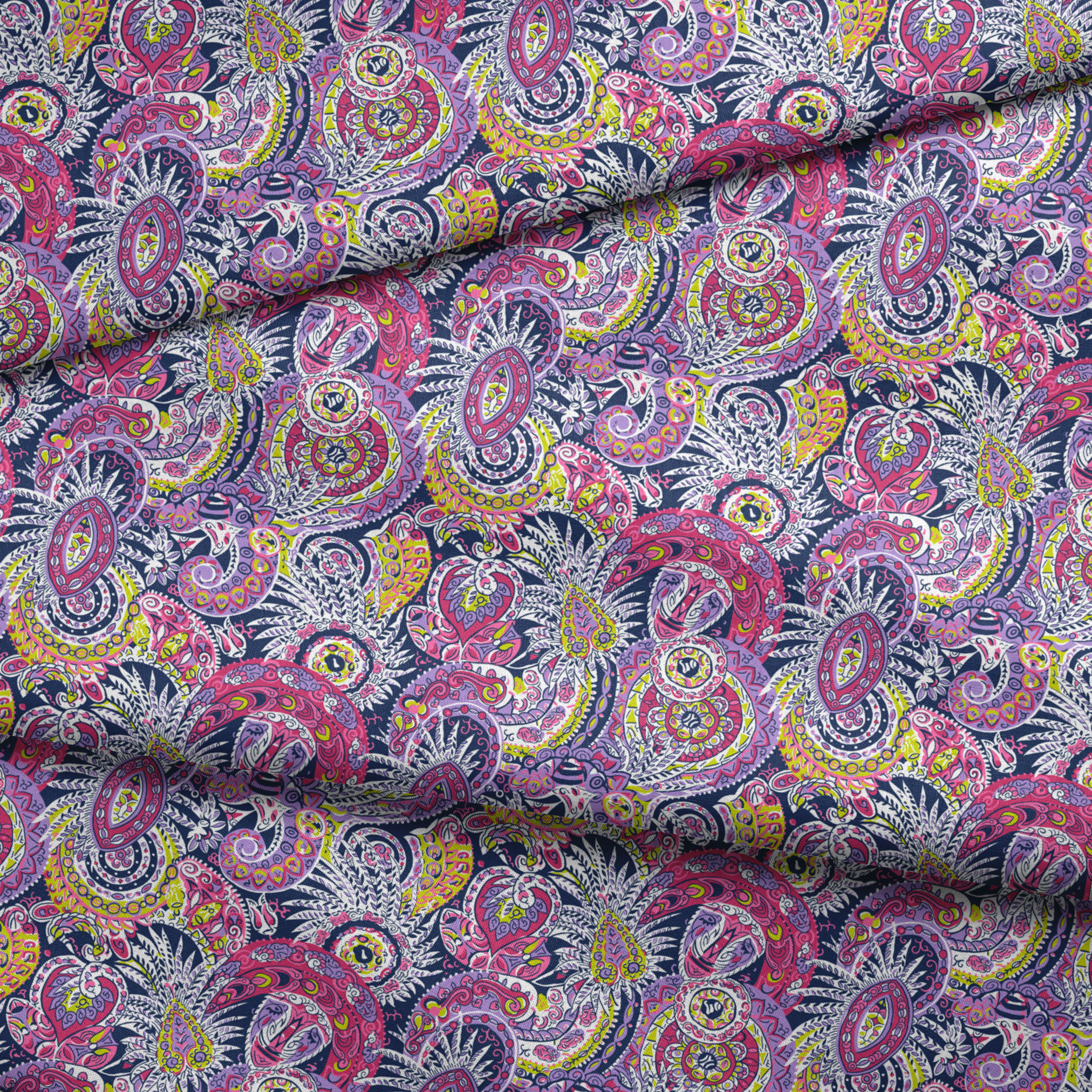 Vibrant paisley pattern in pink, purple, yellow, and blue with intricate swirling designs fabric fold mockup