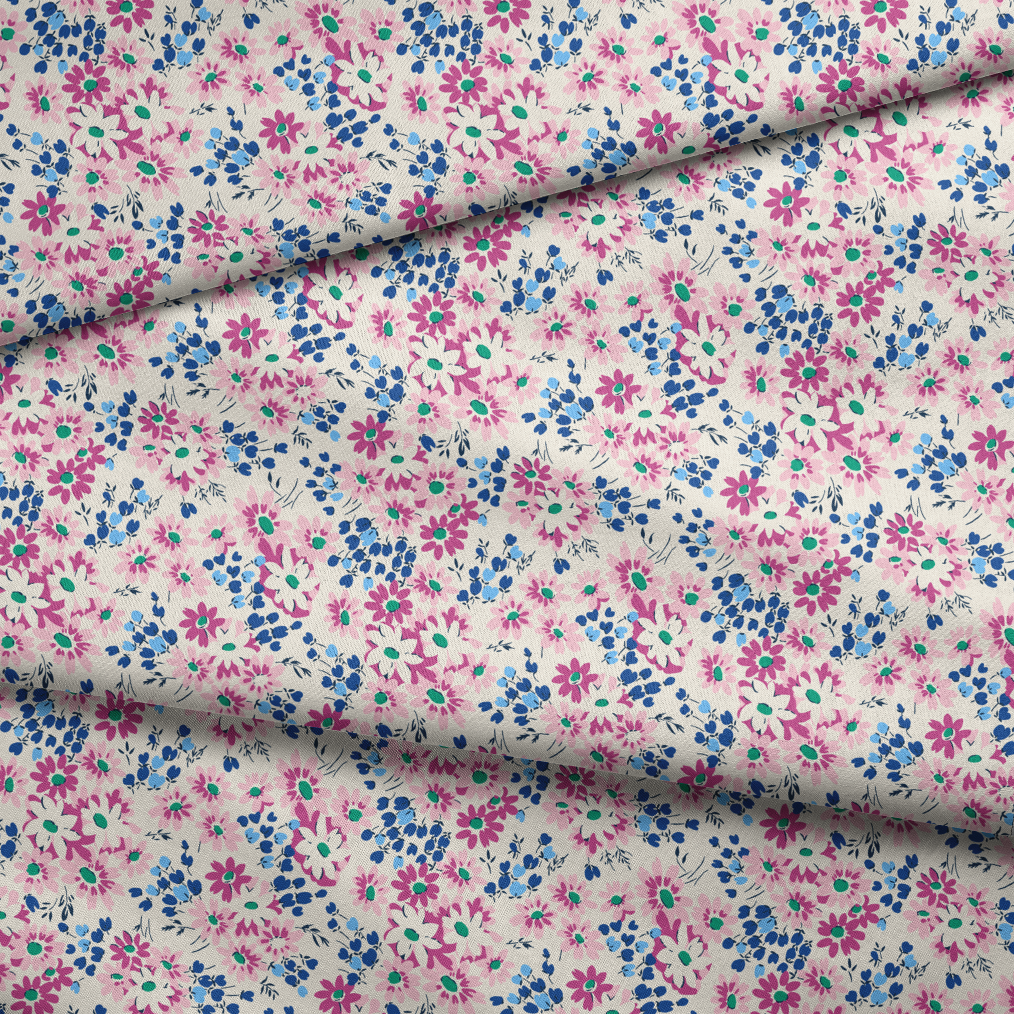 Colorful floral pattern with pink and magenta daisies, blue berries, and green accents on cream background fabric fold mockup