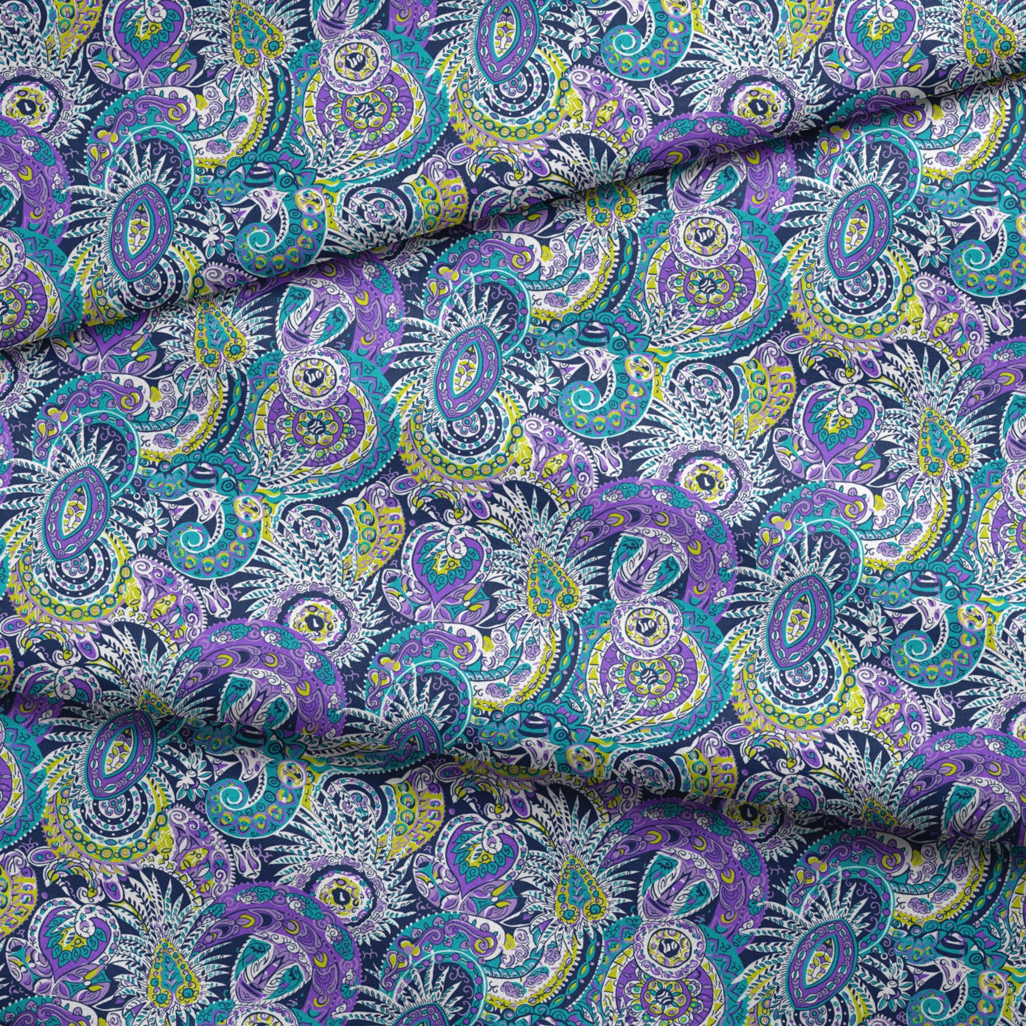 Vibrant paisley pattern with swirling designs in purple, blue, yellow, and white fabric fold mockup
