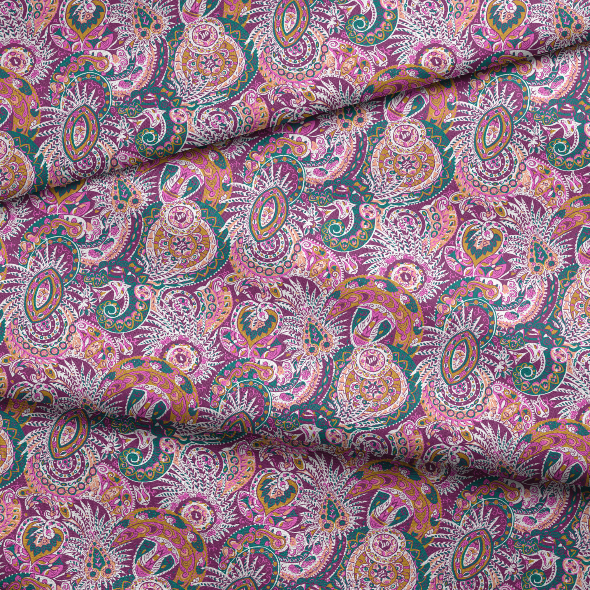 Colorful paisley pattern with intricate swirls in purple, pink, orange, and teal tones fabric fold mockup
