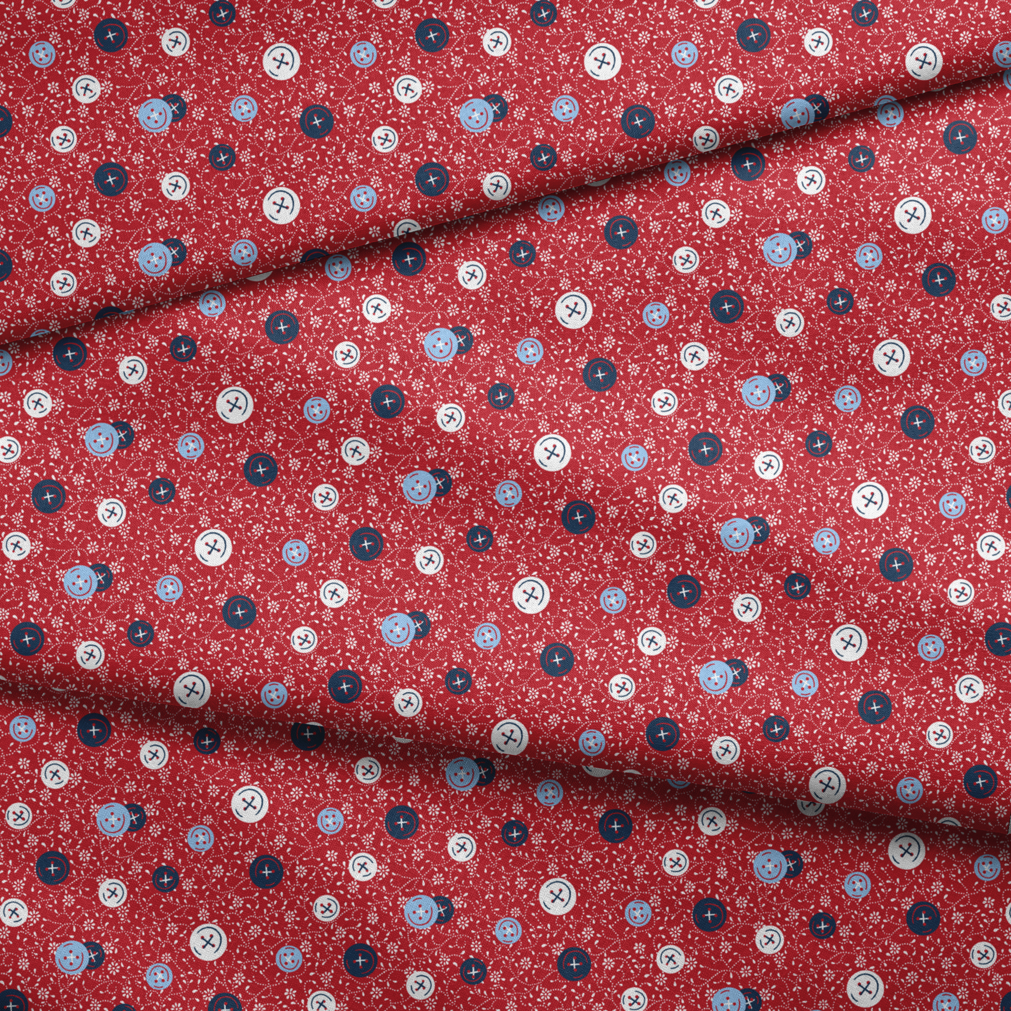 Red background with small white floral pattern featuring scattered button designs in blue, white, and navy cross details fabric fold mockup