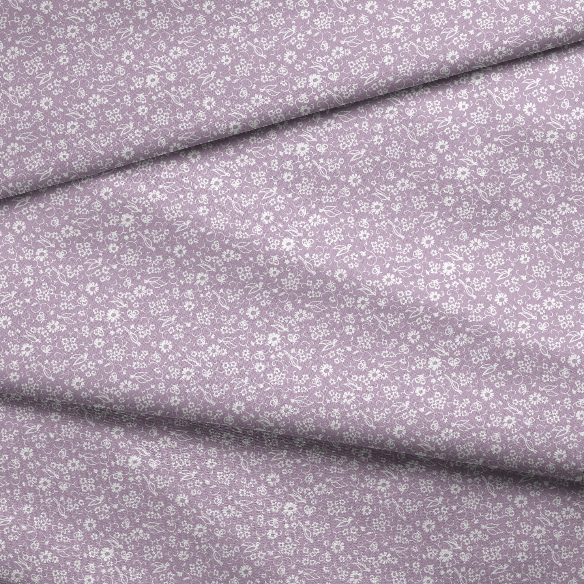 White floral pattern on lavender purple background with daisies and decorative swirls fabric fold mockup