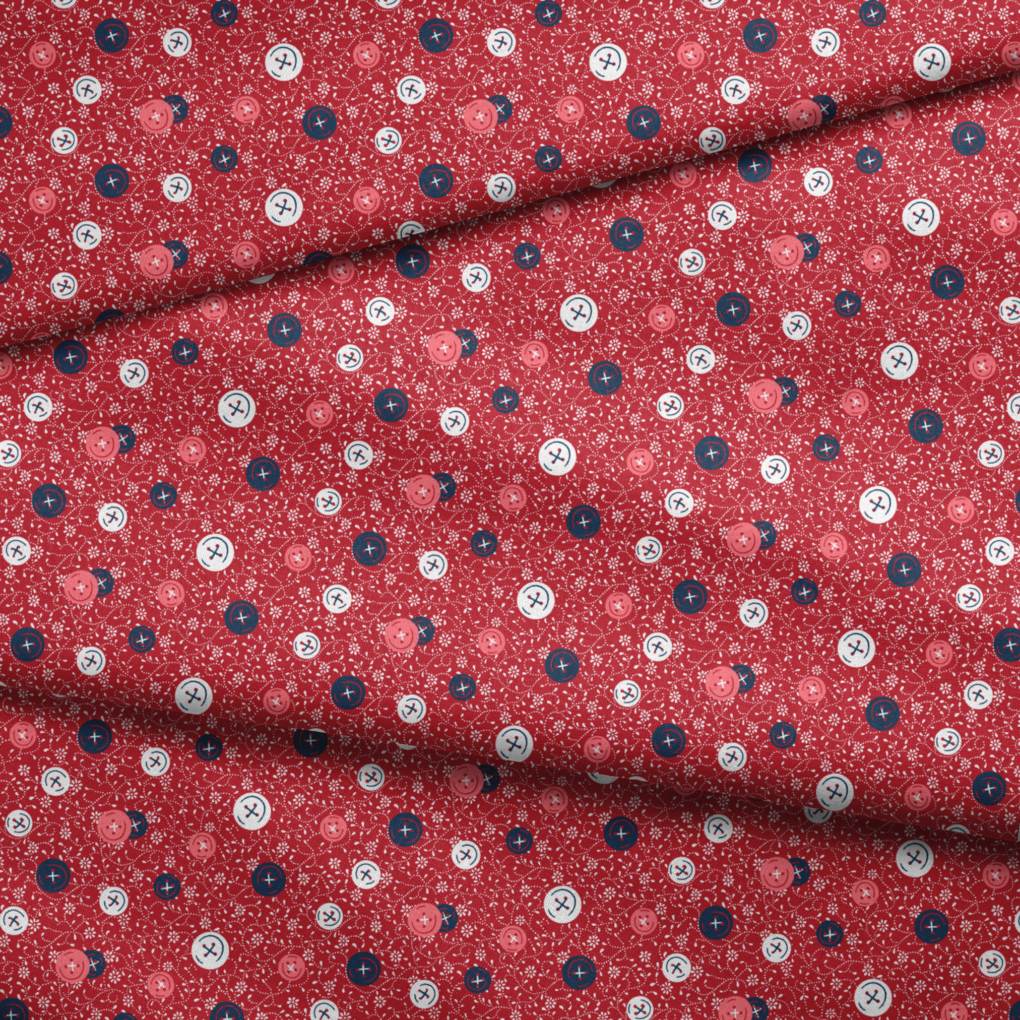 Red background with scattered buttons in white, blue, and coral colors featuring sewing motifs and small floral patterns fabric fold mockup