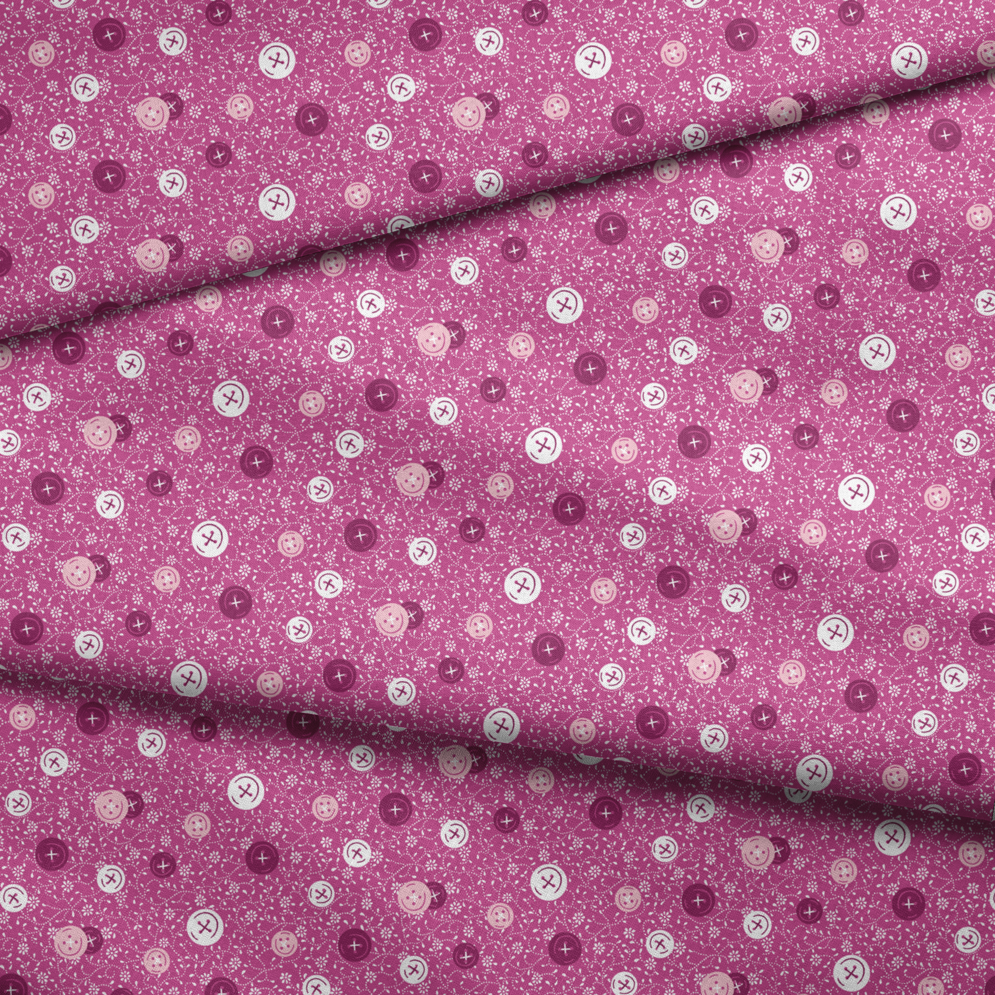 Magenta background with white floral pattern and buttons scattered throughout fabric fold mockup