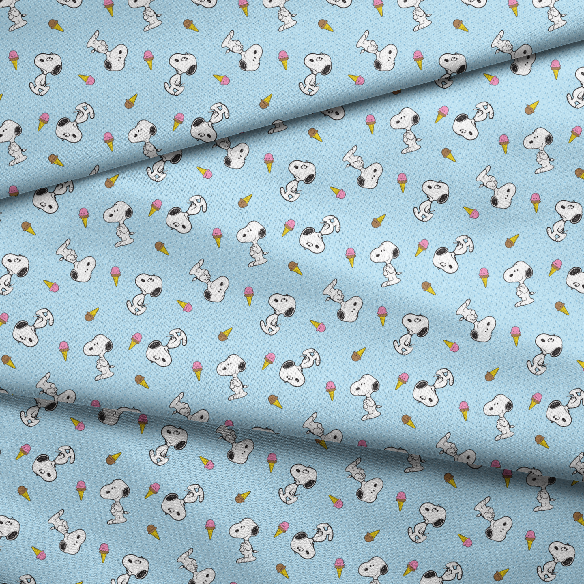 Snoopy pattern on light blue background with ice cream cones and small white dots fabric fold mockup