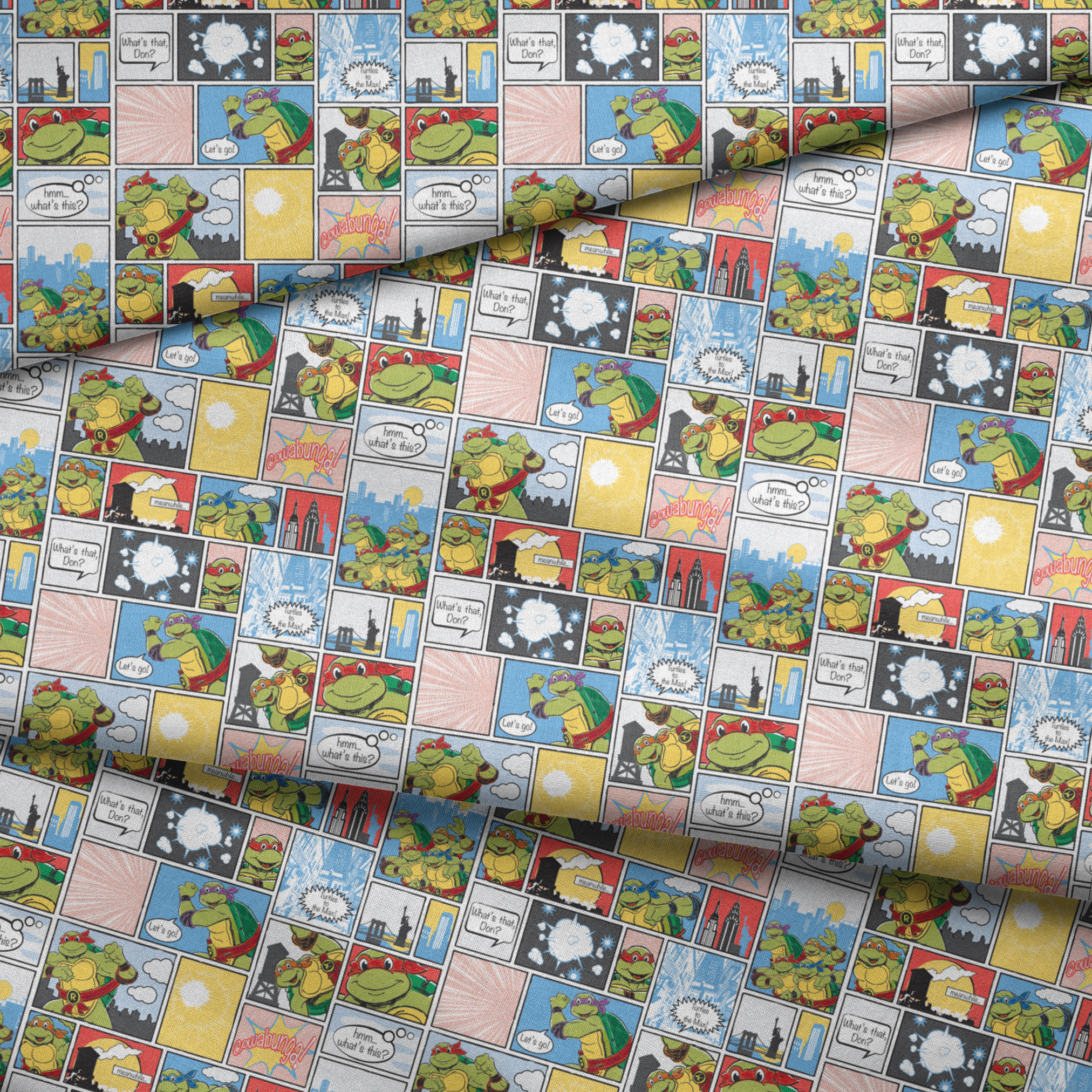 Comic-style grid featuring Teenage Mutant Ninja Turtles with speech bubbles, action scenes, and colorful panels fabric fold mockup