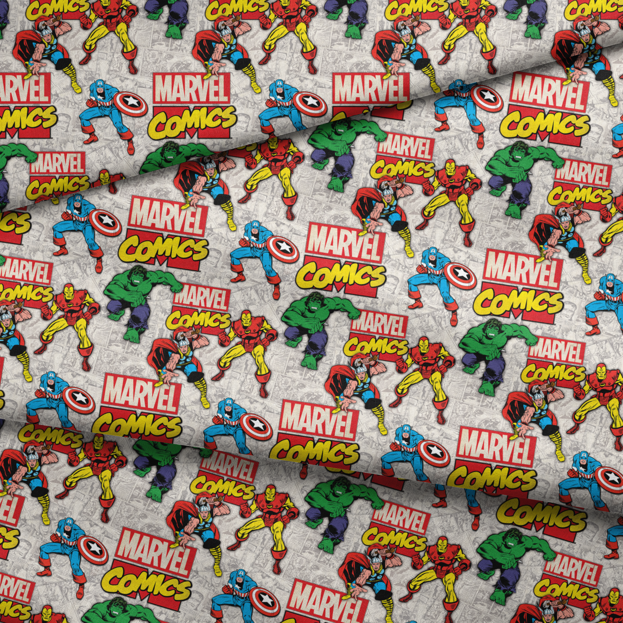Marvel Comics collage pattern featuring iconic superheroes in action poses against comic book page background fabric fold mockup