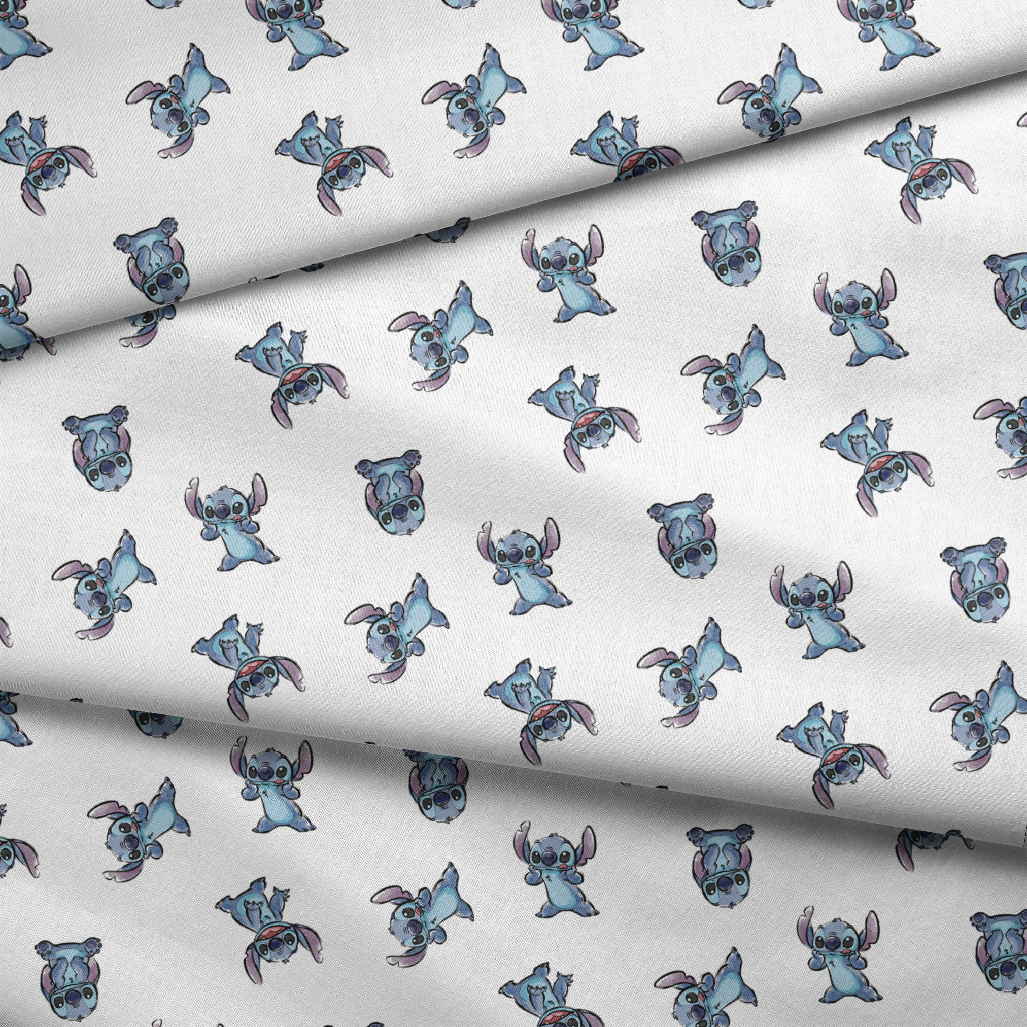 Blue cartoon Stitch characters from Disney's Lilo & Stitch in various playful poses on white background fabric fold mockup