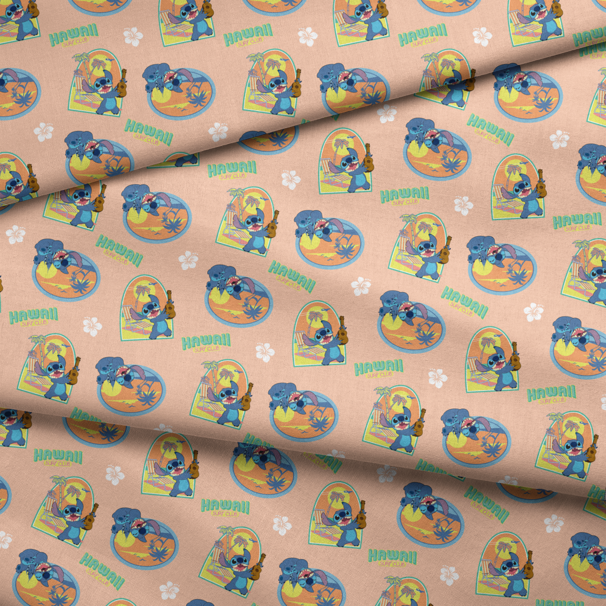 Disney's Stitch character on peach background with Hawaii-themed illustrations featuring surfboards, ukulele, and tropical imagery fabric fold mockup