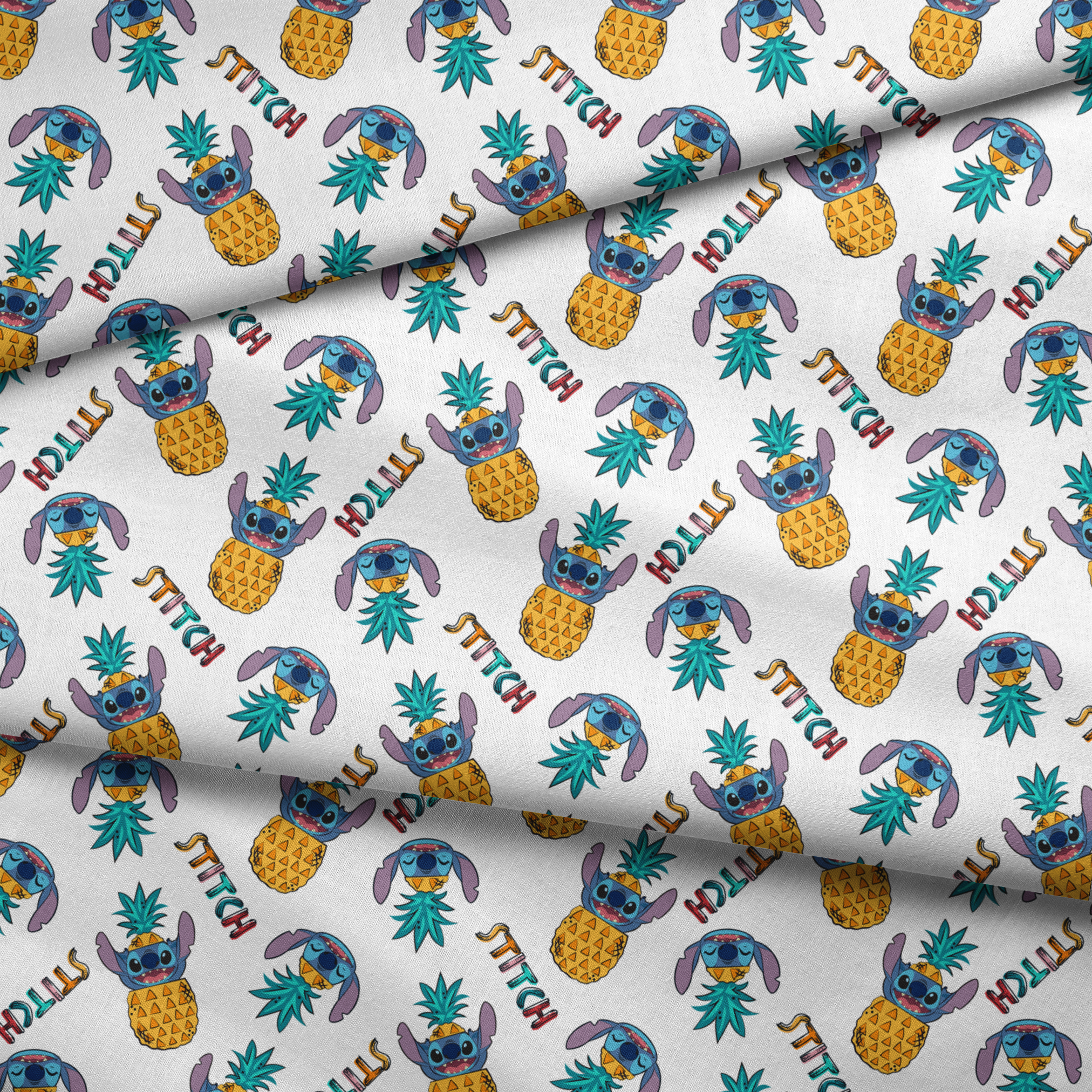 Colorful pattern of cartoon blue creatures with long ears inside pineapples, with "Stitch" text fabric fold mockup