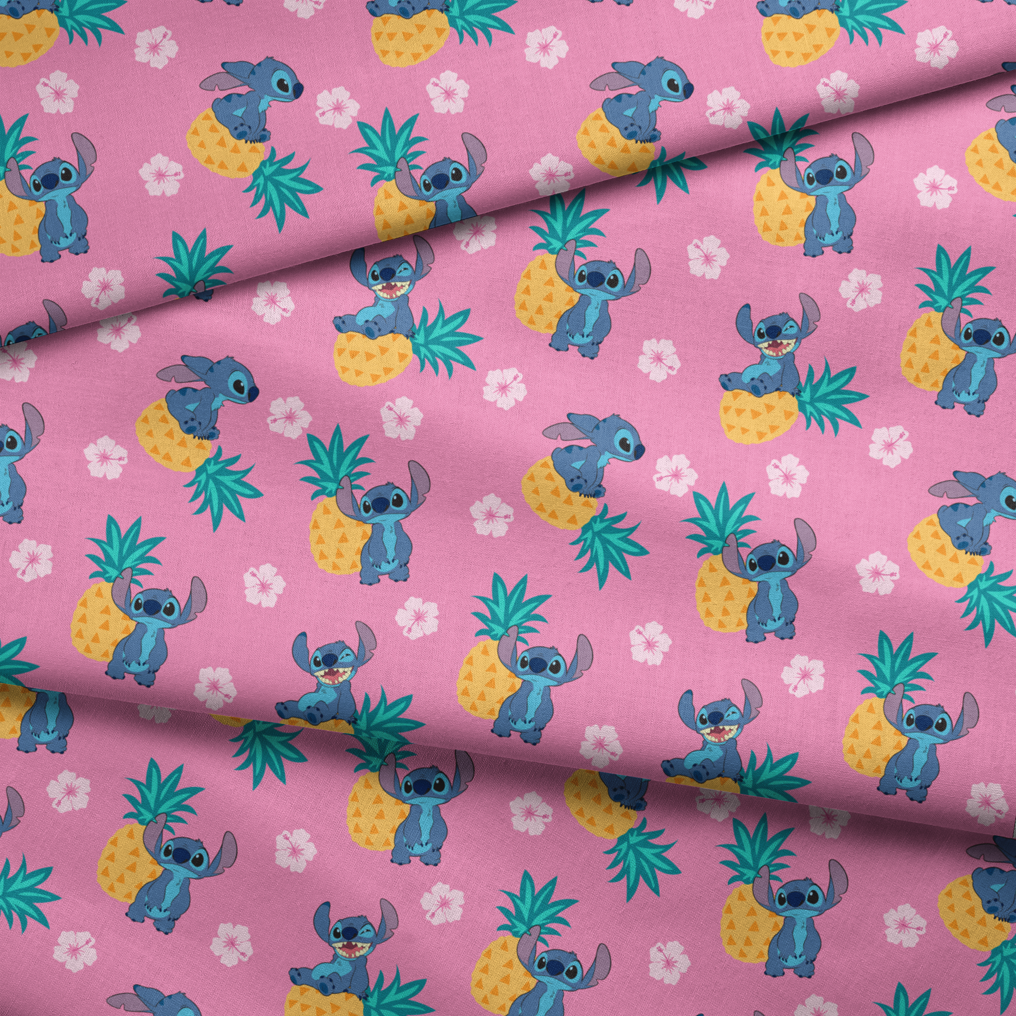 Stitch characters with pineapples and white hibiscus flowers on pink background pattern fabric fold mockup
