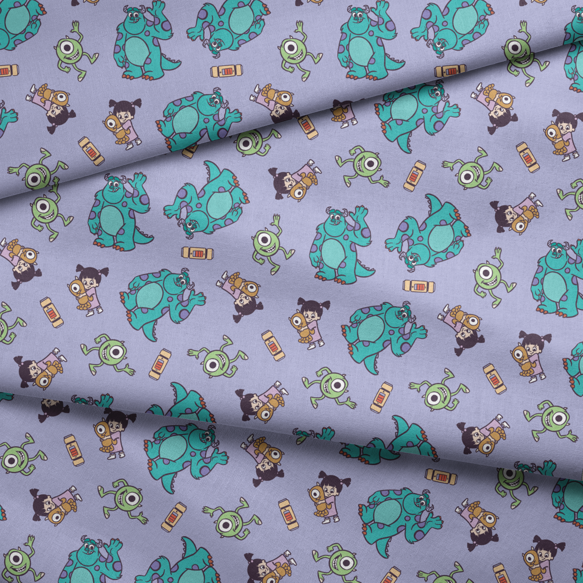 Cartoon pattern of Monsters Inc characters - Mike, Sulley, and Boo - on a purple background fabric fold mockup