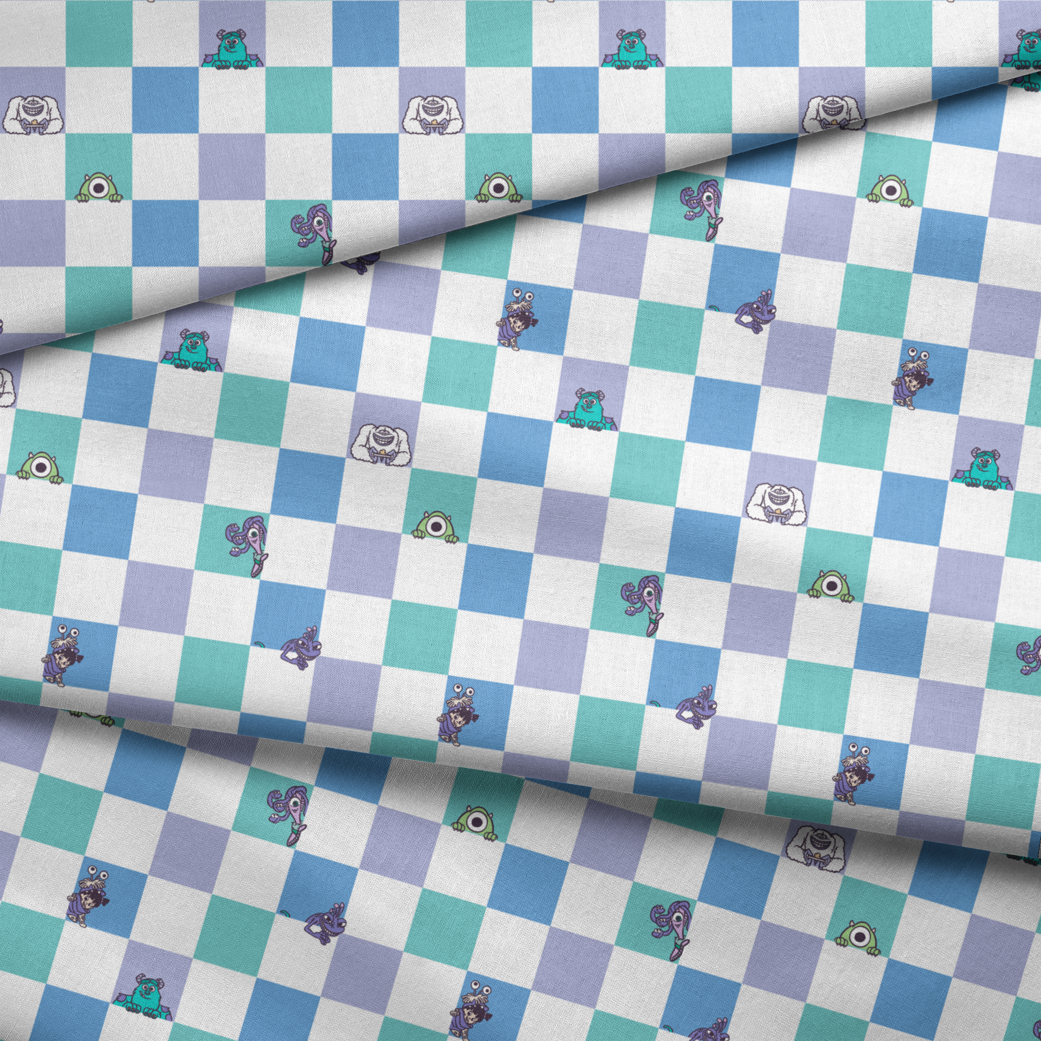Monsters Inc characters on a checkered pattern of white, mint green, light purple, and blue squares fabric fold mockup