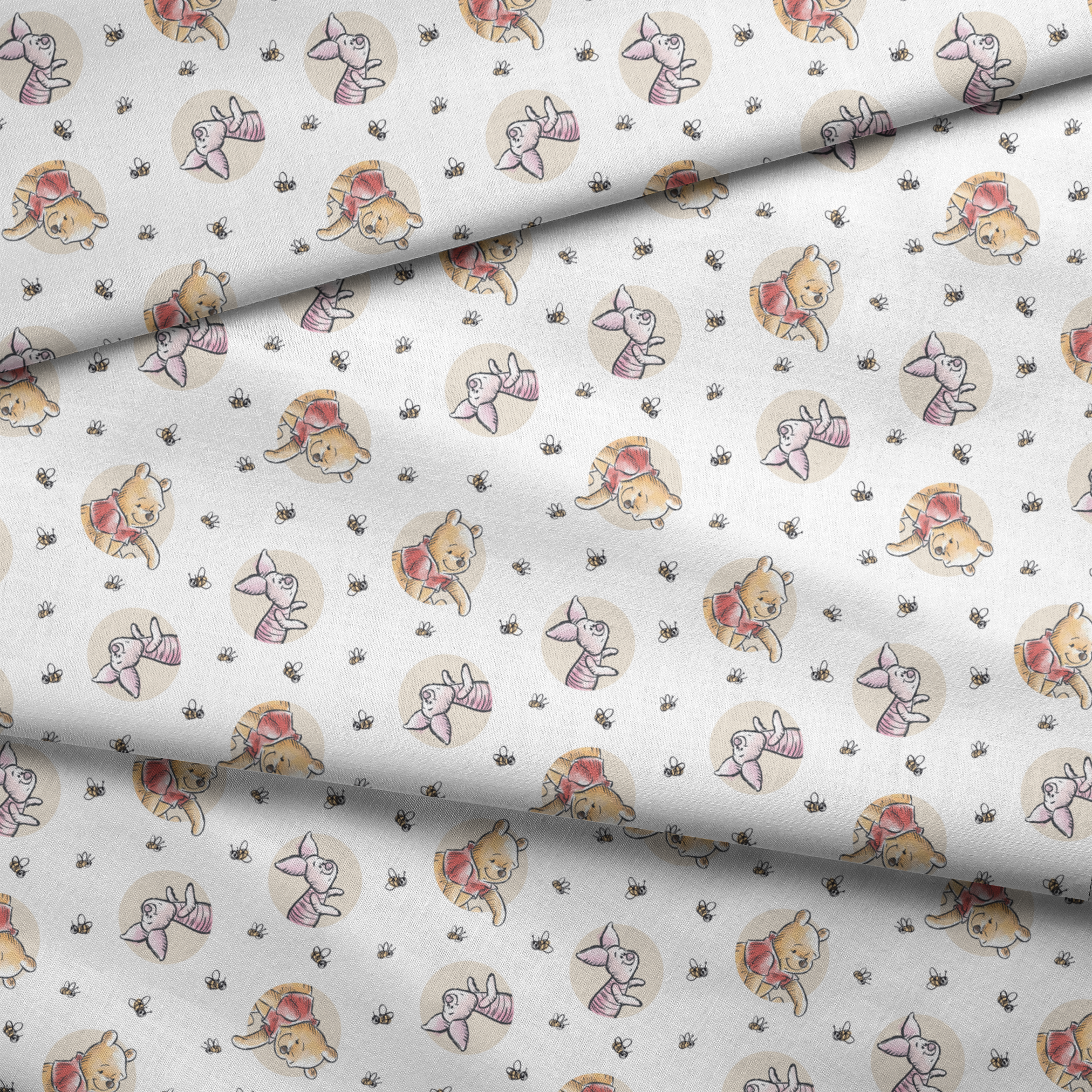 Cute cartoon Winnie the Pooh and Piglet pattern with circular vignettes and buzzing bees fabric fold mockup