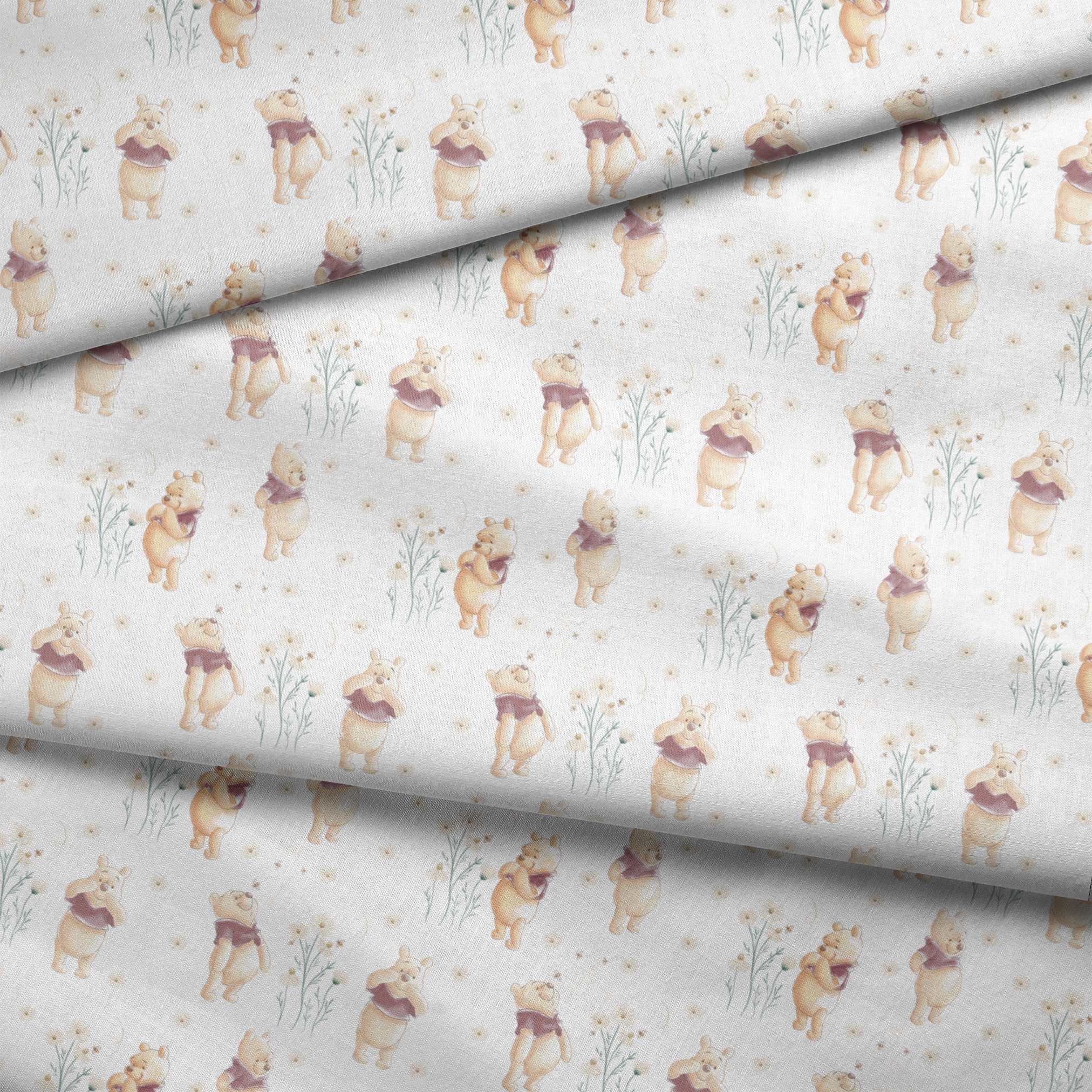 Winnie the Pooh pattern with cartoon bear in red shirt amid delicate white flowers fabric fold mockup