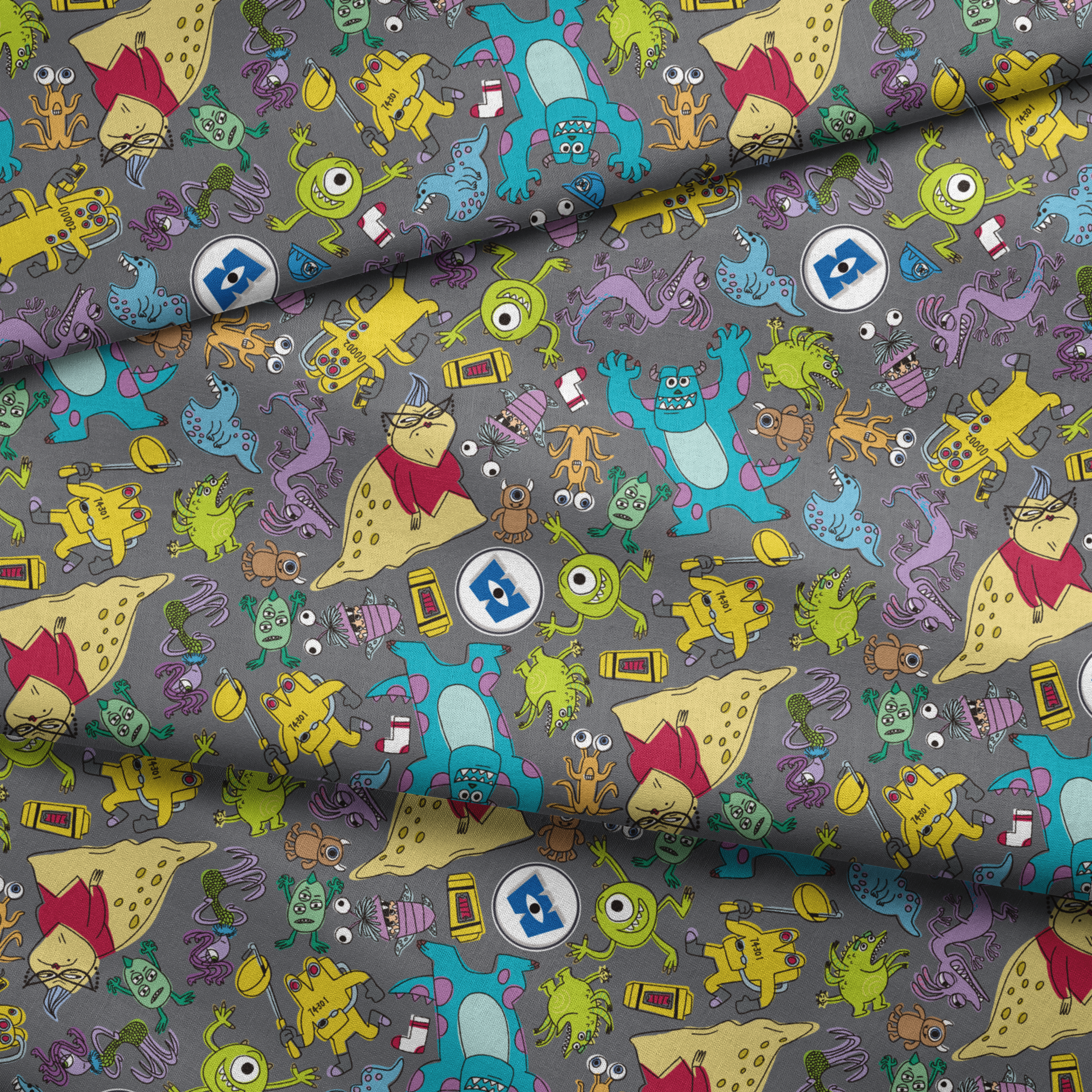 Colorful Monsters Inc pattern with various whimsical creatures in yellow, blue, green, and purple on a gray background. fabric fold mockup