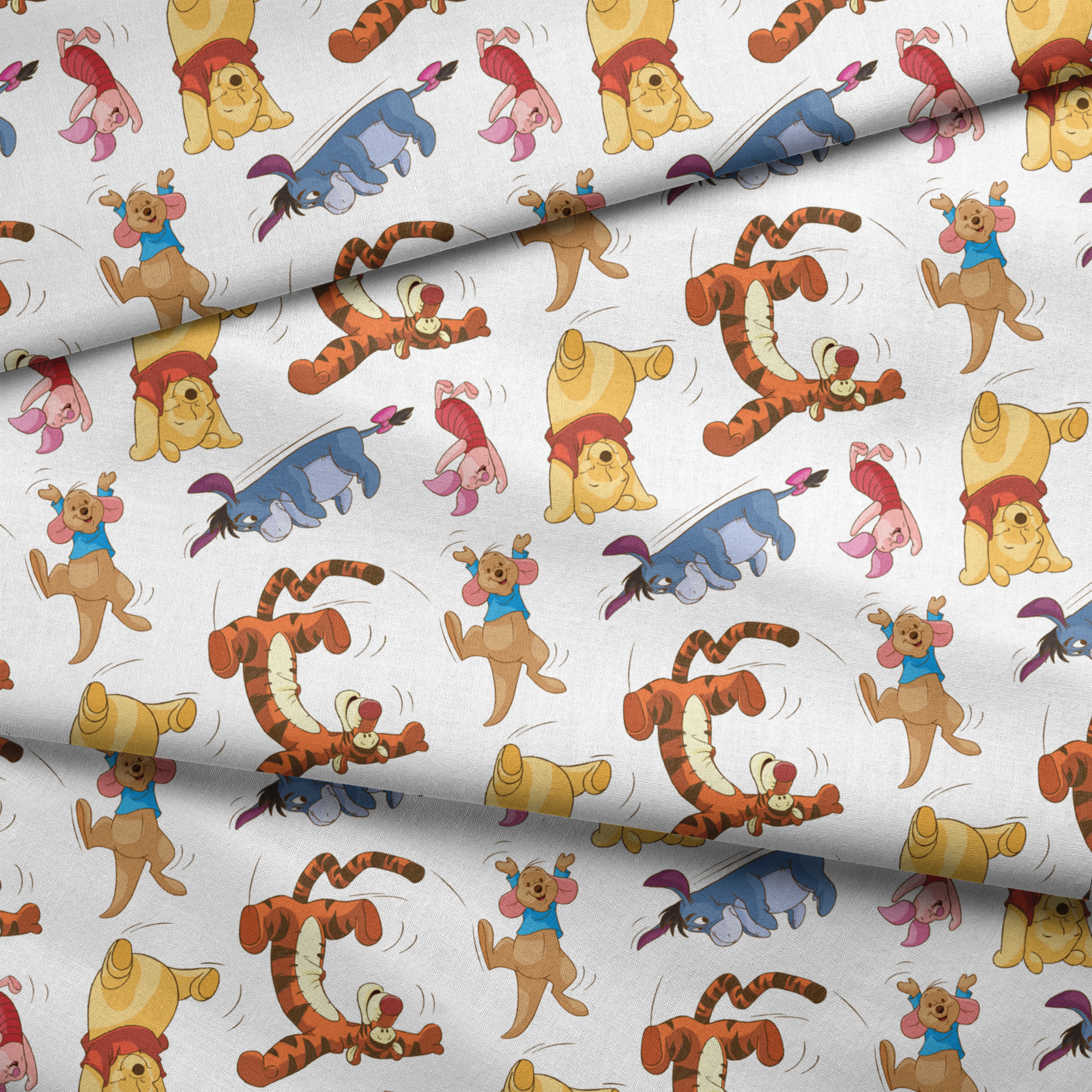 Colorful pattern featuring Winnie the Pooh characters jumping and bouncing on white background fabric fold mockup