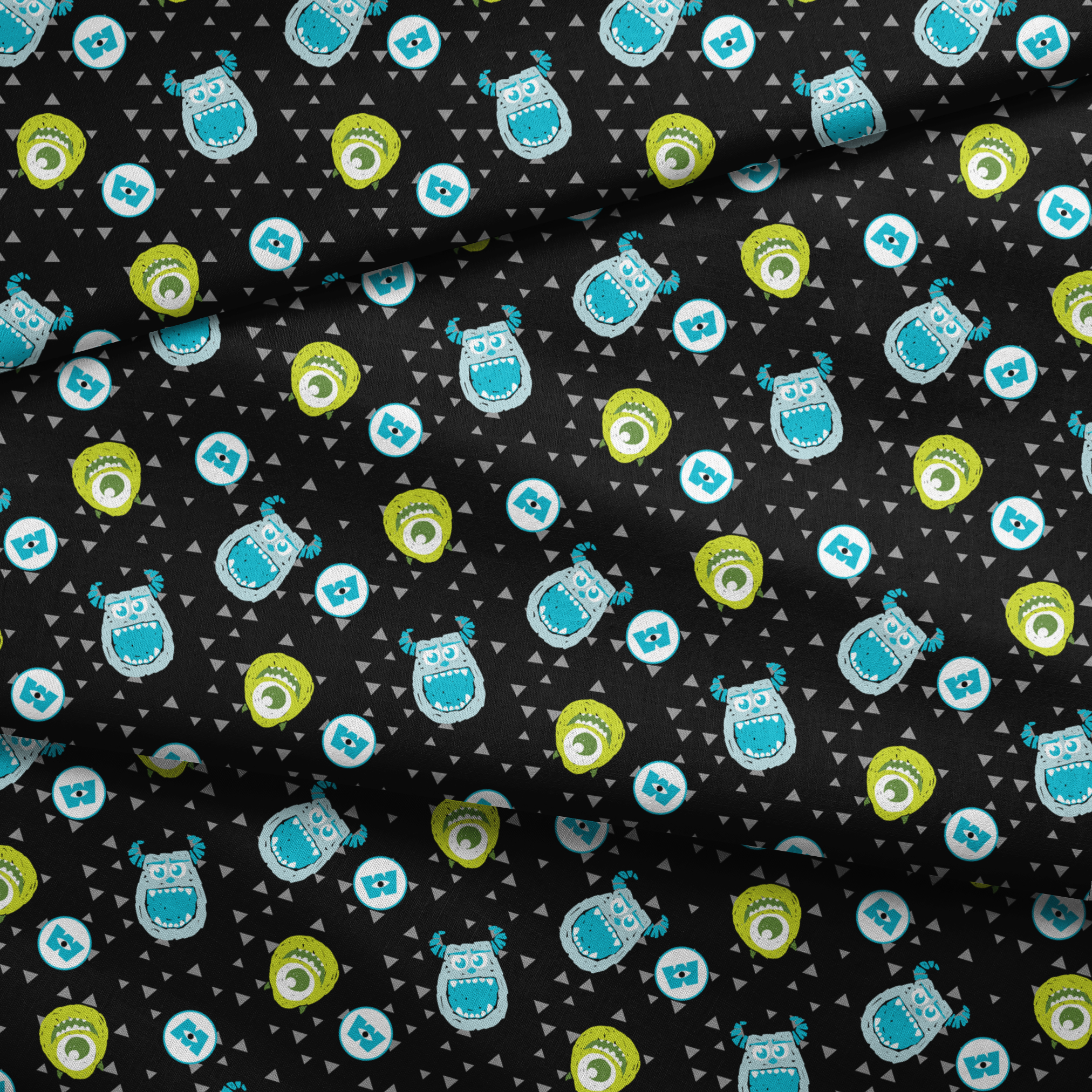 Monsters Inc pattern with Mike and Sulley on black background with gray triangles fabric fold mockup