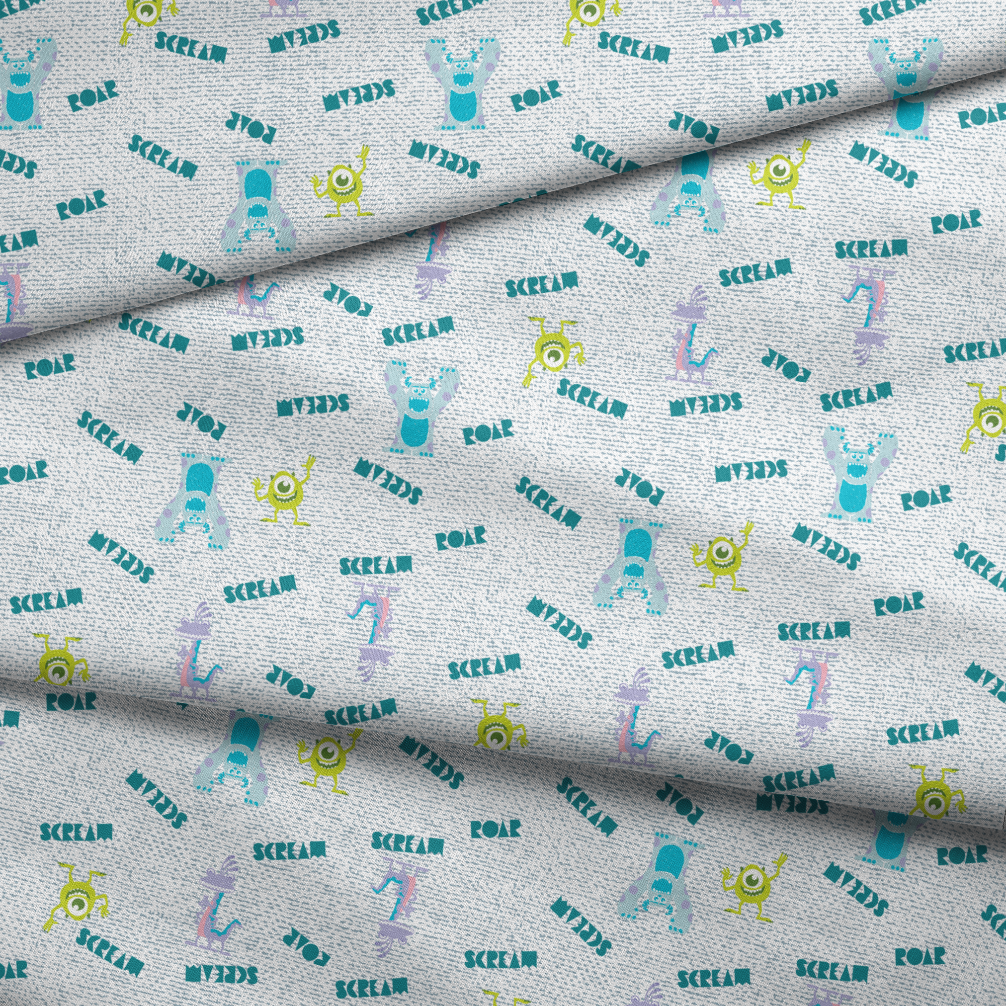 Monsters Inc pattern with teal "SCREAM" text, Mike Wazowski and Sulley on light textured background fabric fold mockup