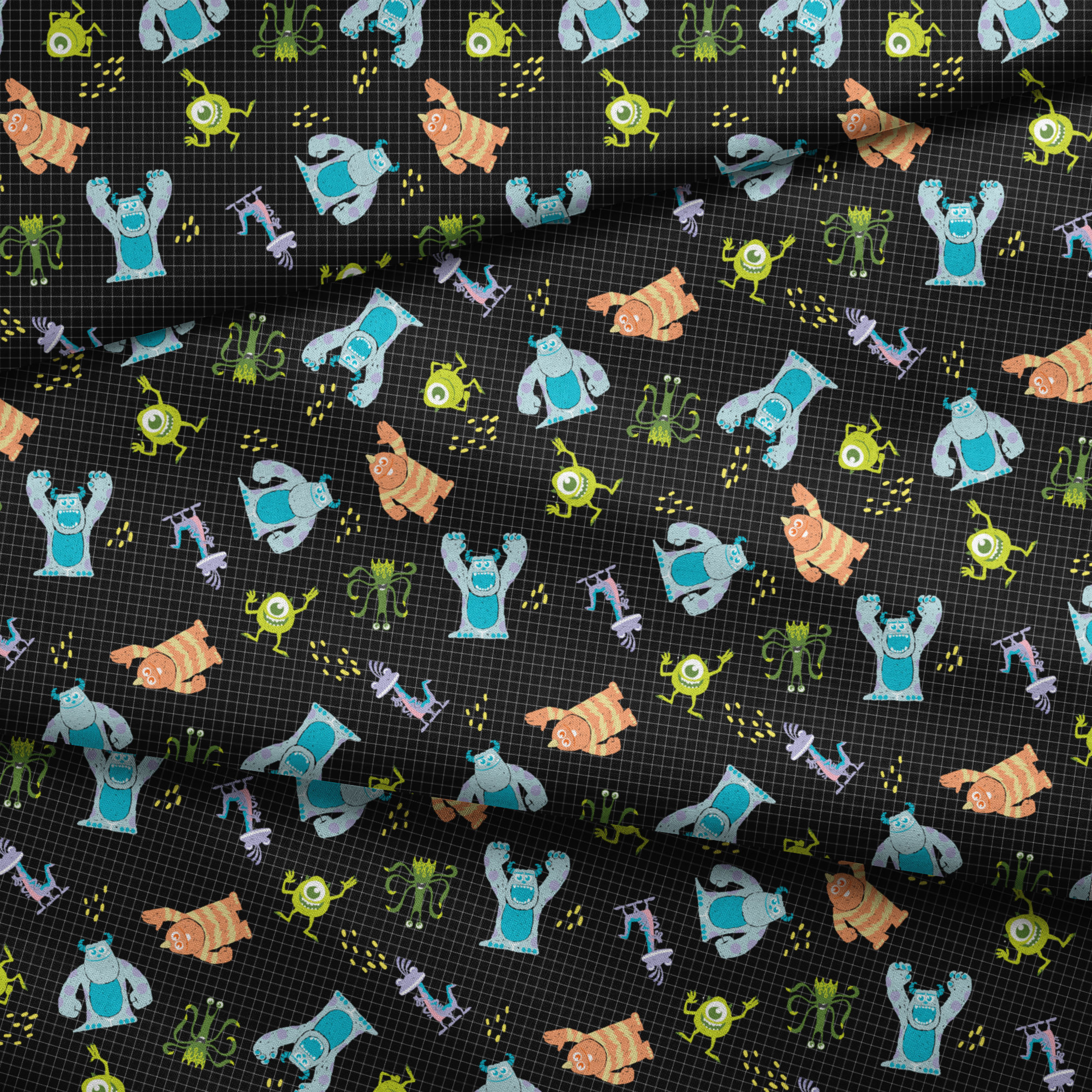 Monsters Inc pattern with Sulley, Mike, & friends on black grid background fabric fold mockup