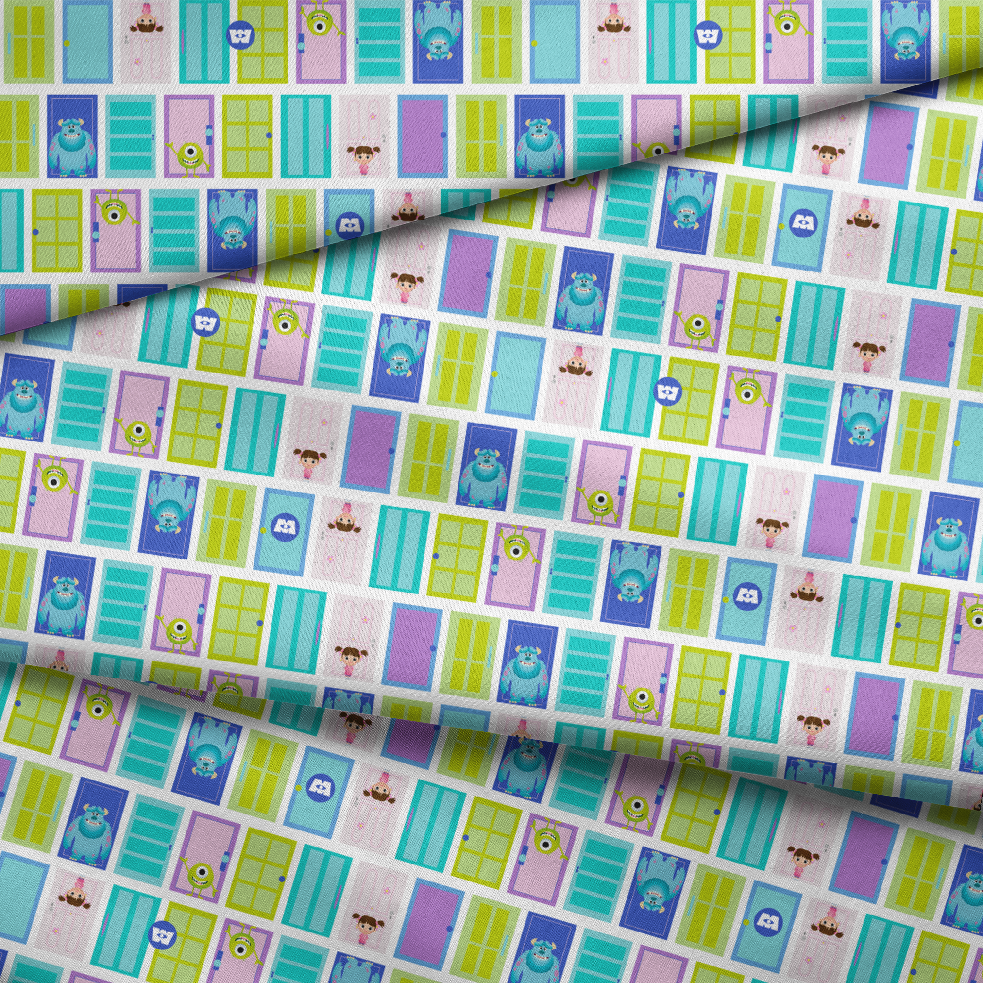 Colorful cartoon monster doors pattern inspired by Monsters Inc. with teal, purple, and green doors fabric fold mockup