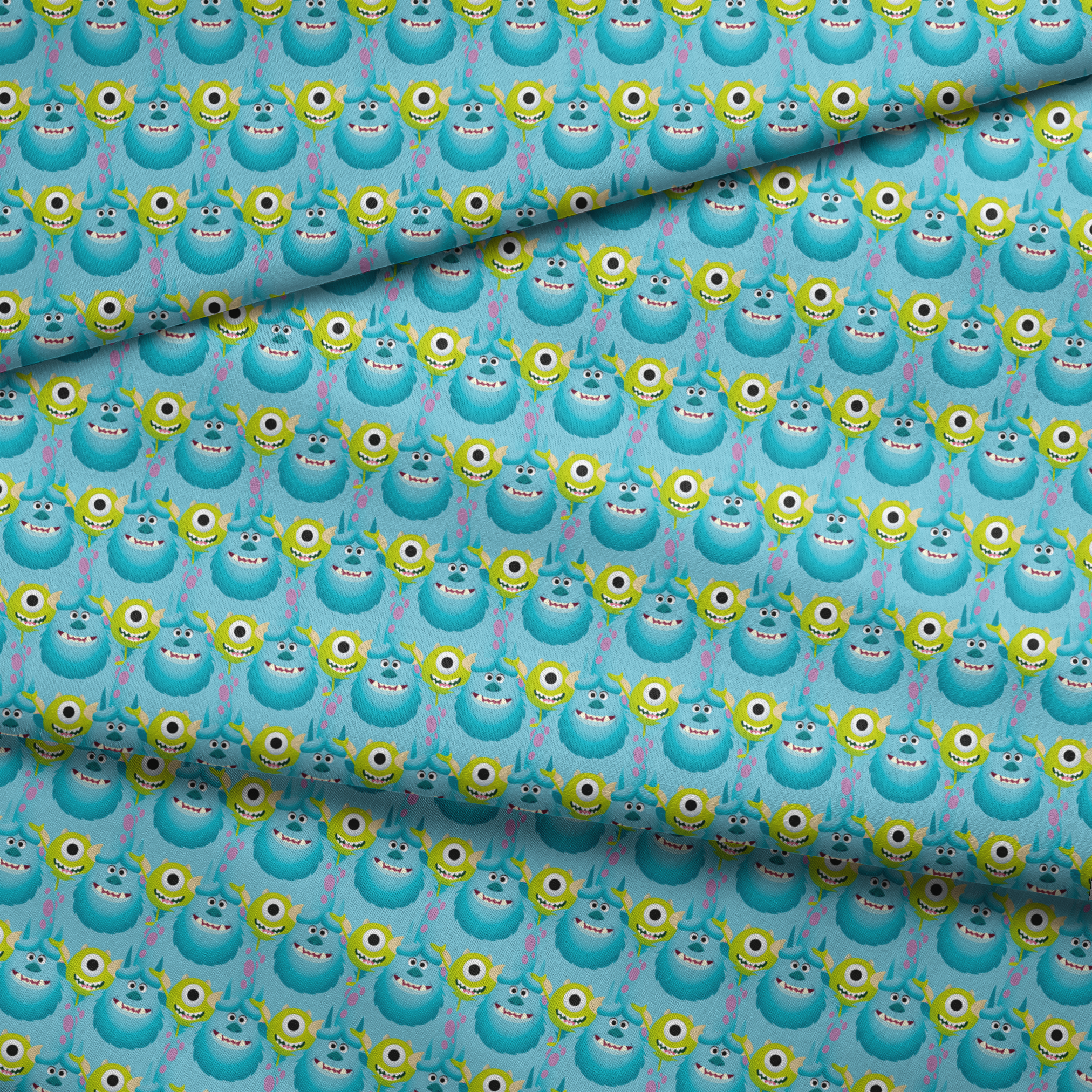 Repeating pattern of Monsters Inc characteres - Mike & Sulley on light blue background. fabric fold mockup