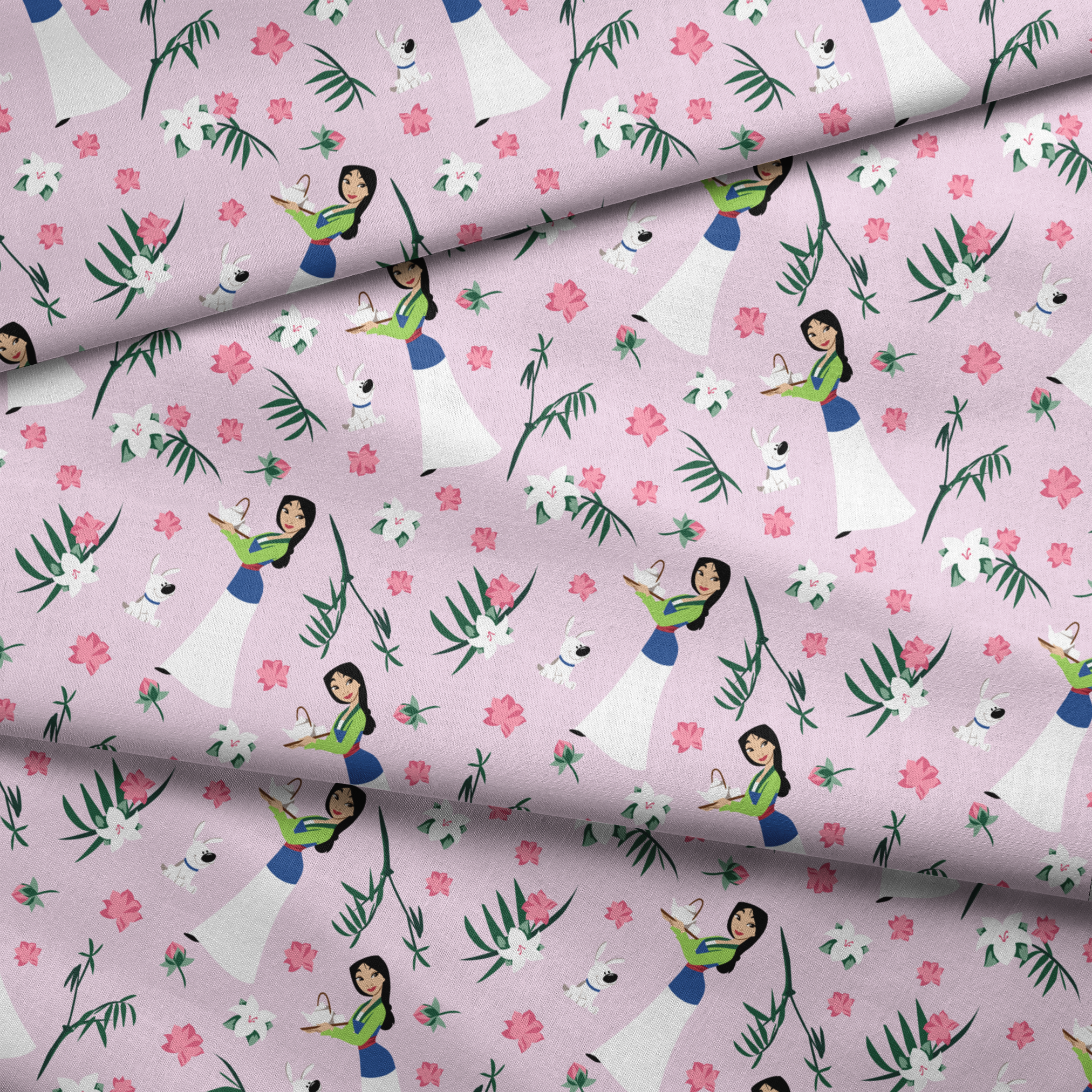 Illustrated pattern on light purple background with cartoon figures in white dresses, pink flowers, green palm leaves, and white rabbits. fabric fold mockup