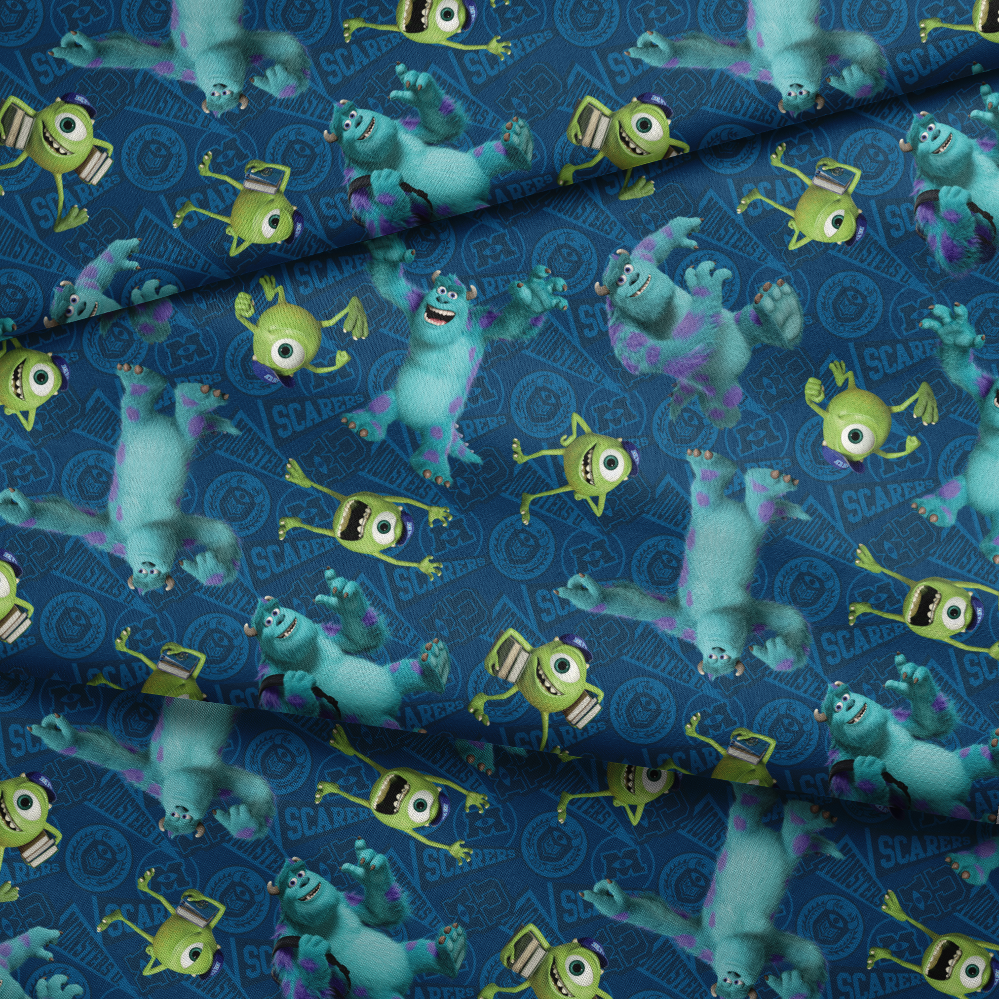 Monsters Inc characters pattern with Mike Wazowski and Sully on blue background fabric fold mockup