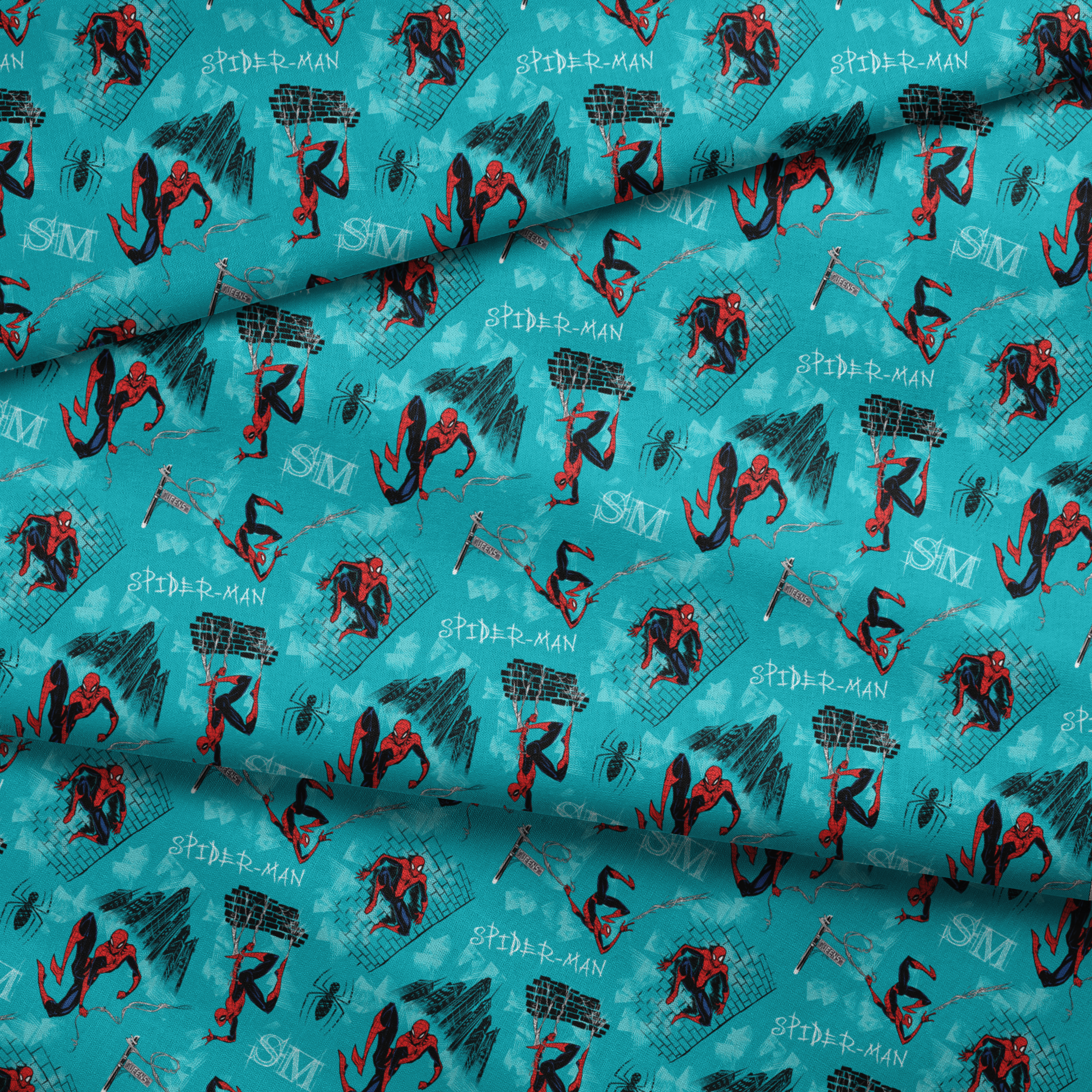 Spider-Man pattern on turquoise background with multiple poses, web designs, and logos fabric fold mockup