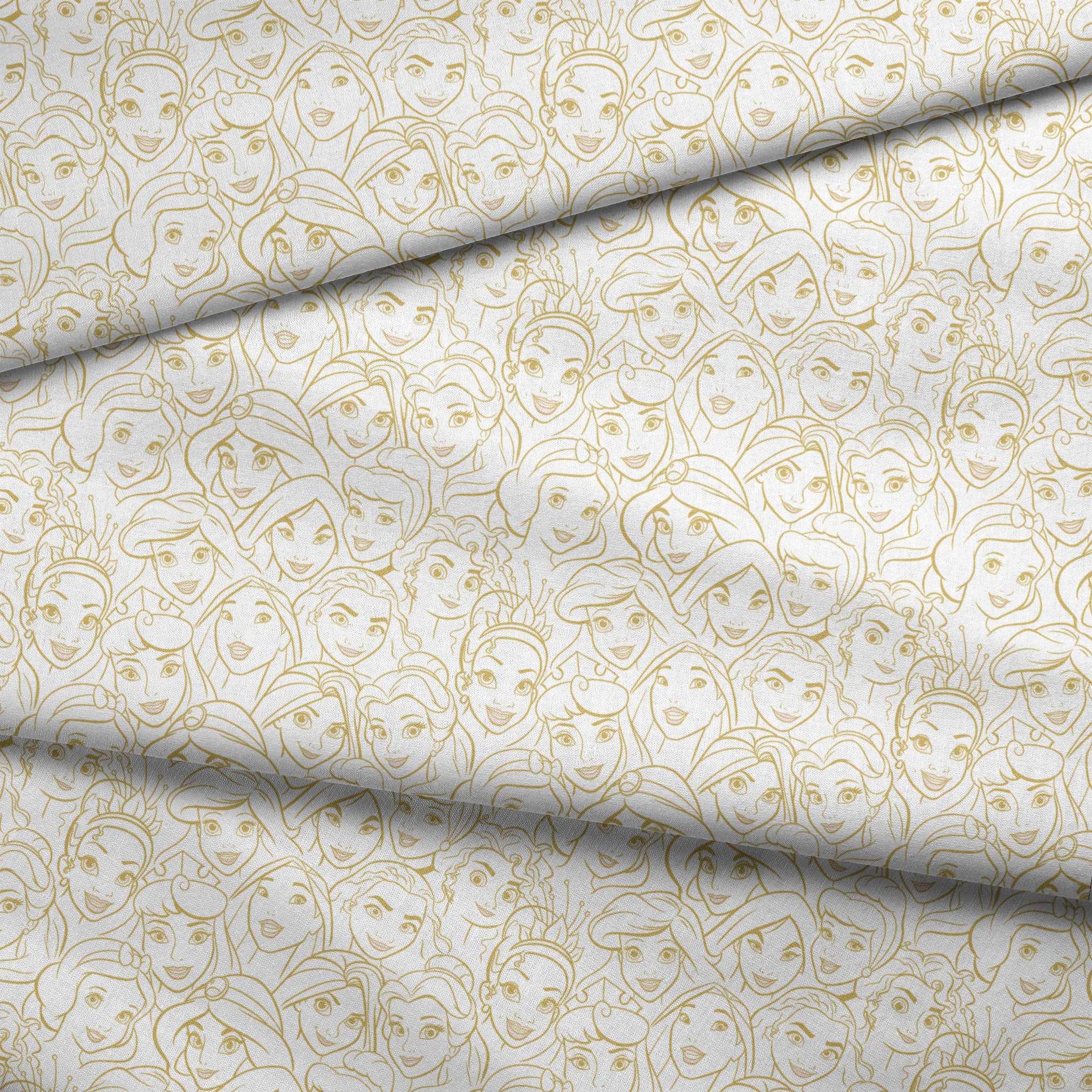 Golden line art of Disney princesses in an overlapping collage pattern with expressive facial features. fabric fold mockup
