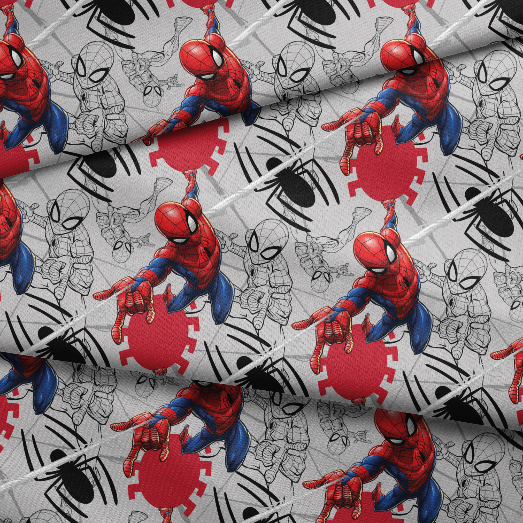 Spider-Man in various poses, including colored and line art illustrations on a red and gray background fabric fold mockup