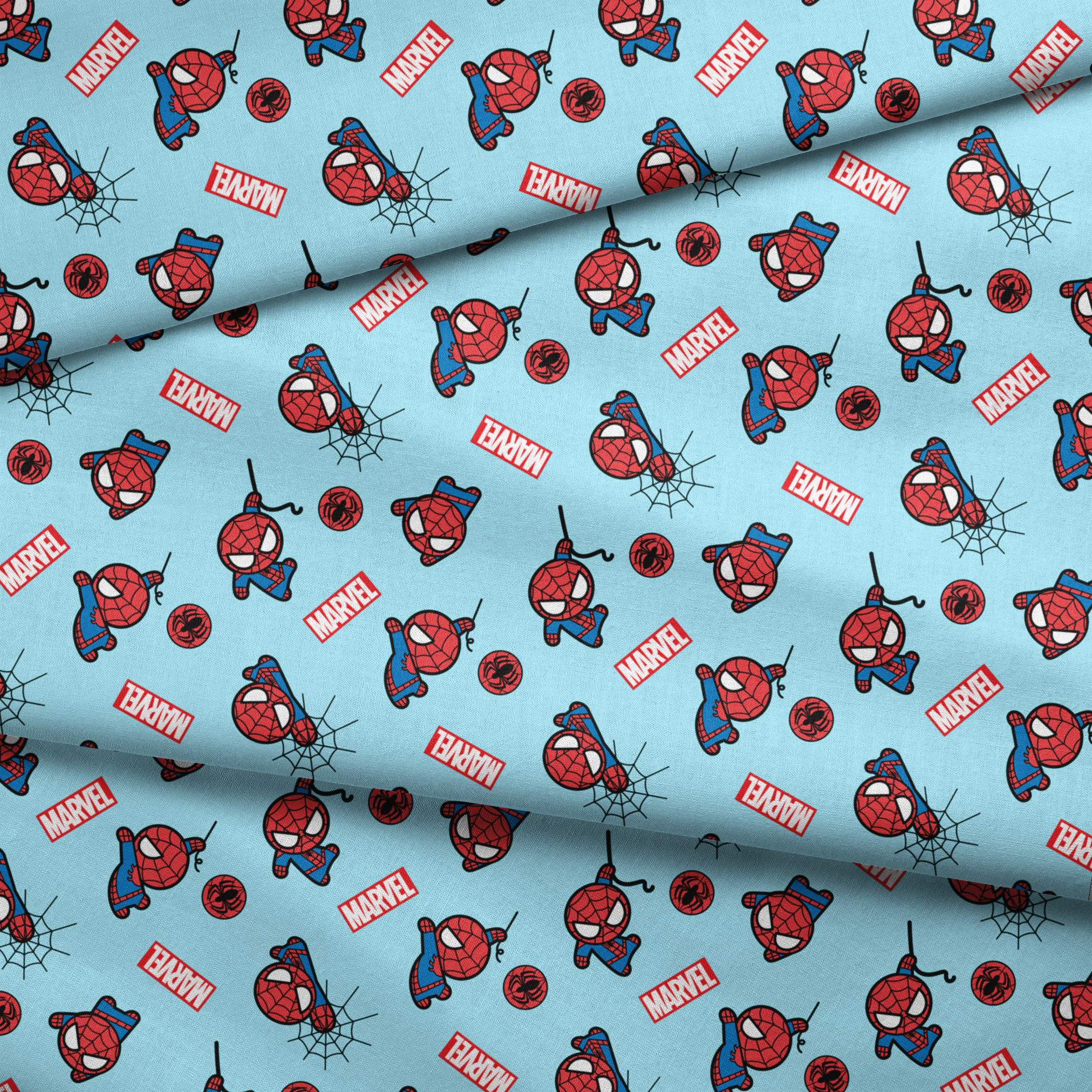 Spider-Man pattern with cartoon character poses, Marvel logos, and spider symbols on light blue background fabric fold mockup