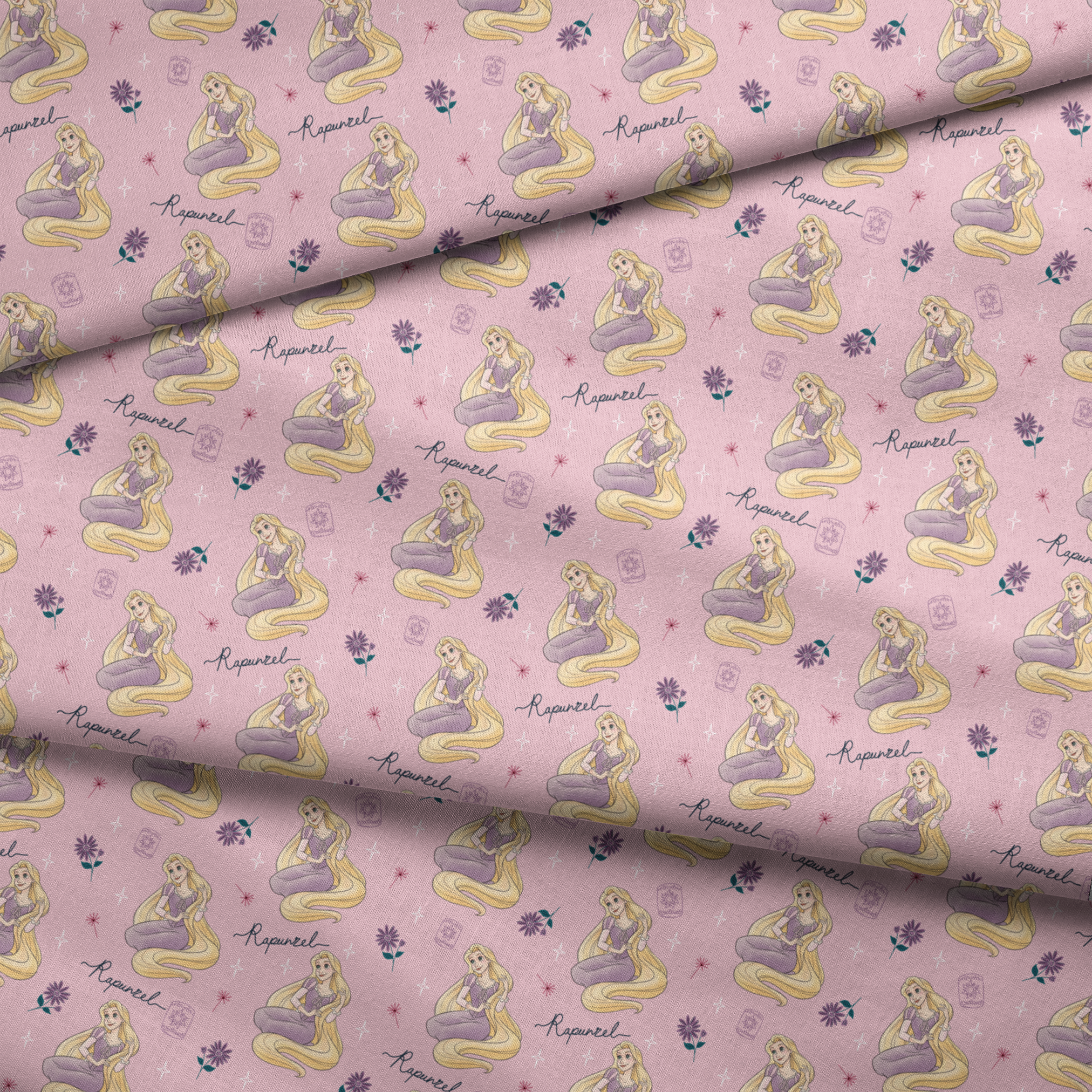 Repeating pattern of blonde character in purple dress with long flowing hair, flowers, and "Rapunzel" text on pink background fabric fold mockup
