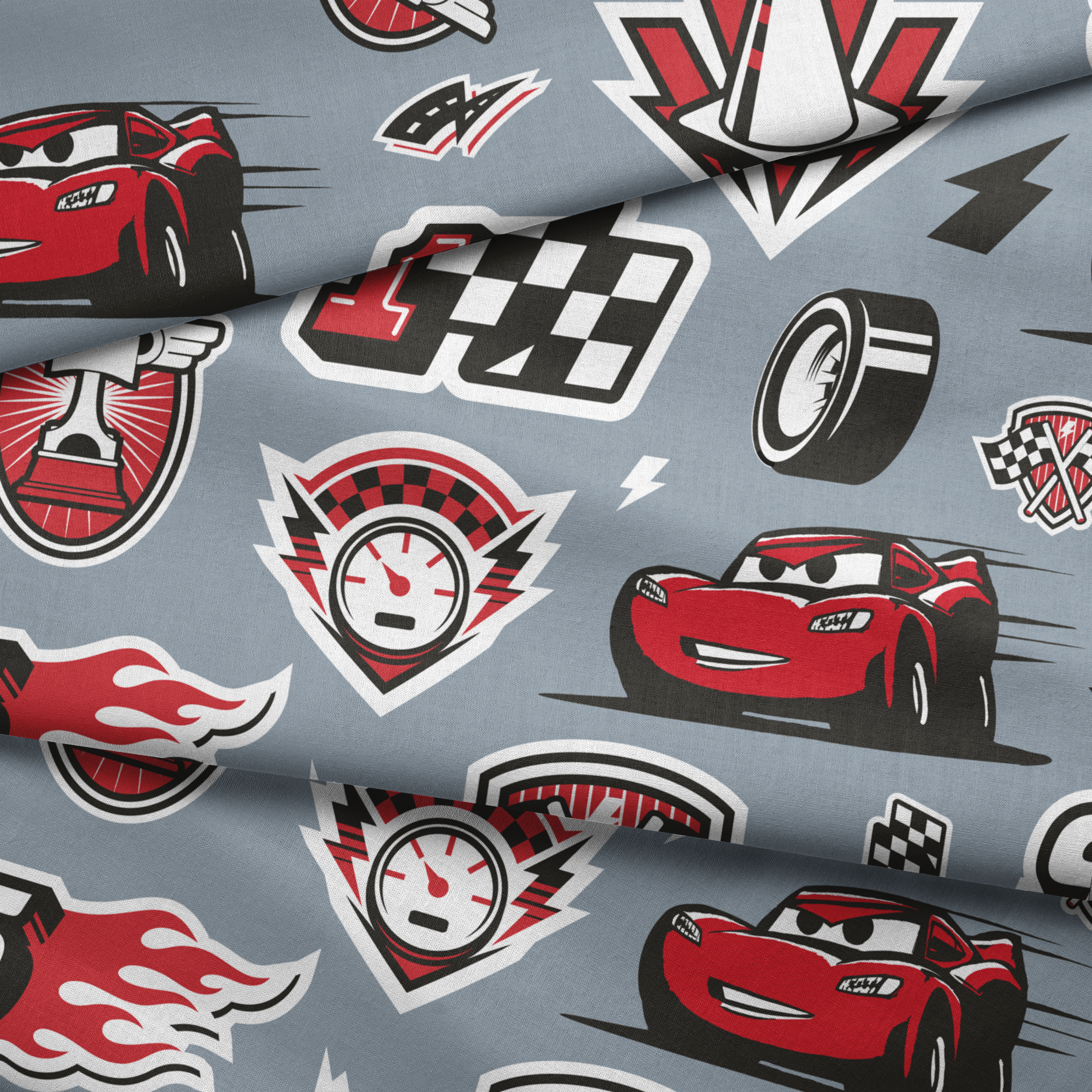 Racing pattern with red cars, checkered flags, speedometers, and racing emblems on gray background fabric fold mockup