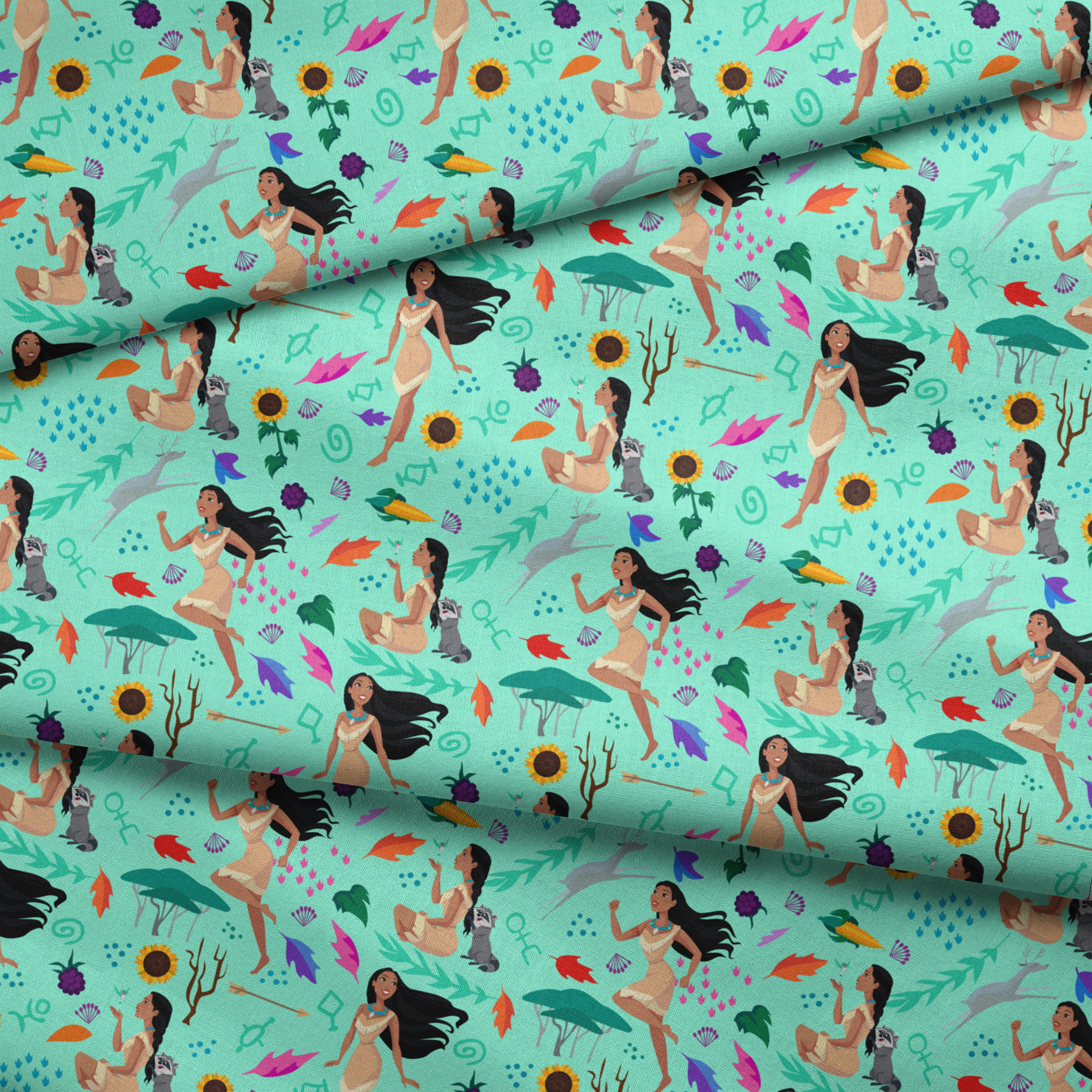 Colorful pattern with figures in nature motifs featuring sunflowers, leaves, and flowing design elements on turquoise background fabric fold mockup